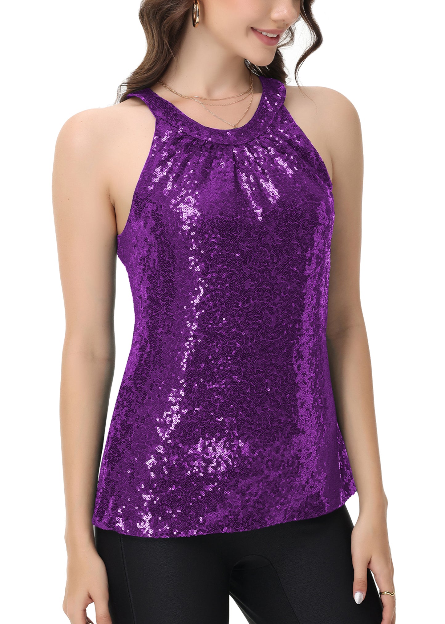 Anna-Kaci Women's Sparkly Sequin Halter Tank Tops Sleeveless Shirt Club Outfits