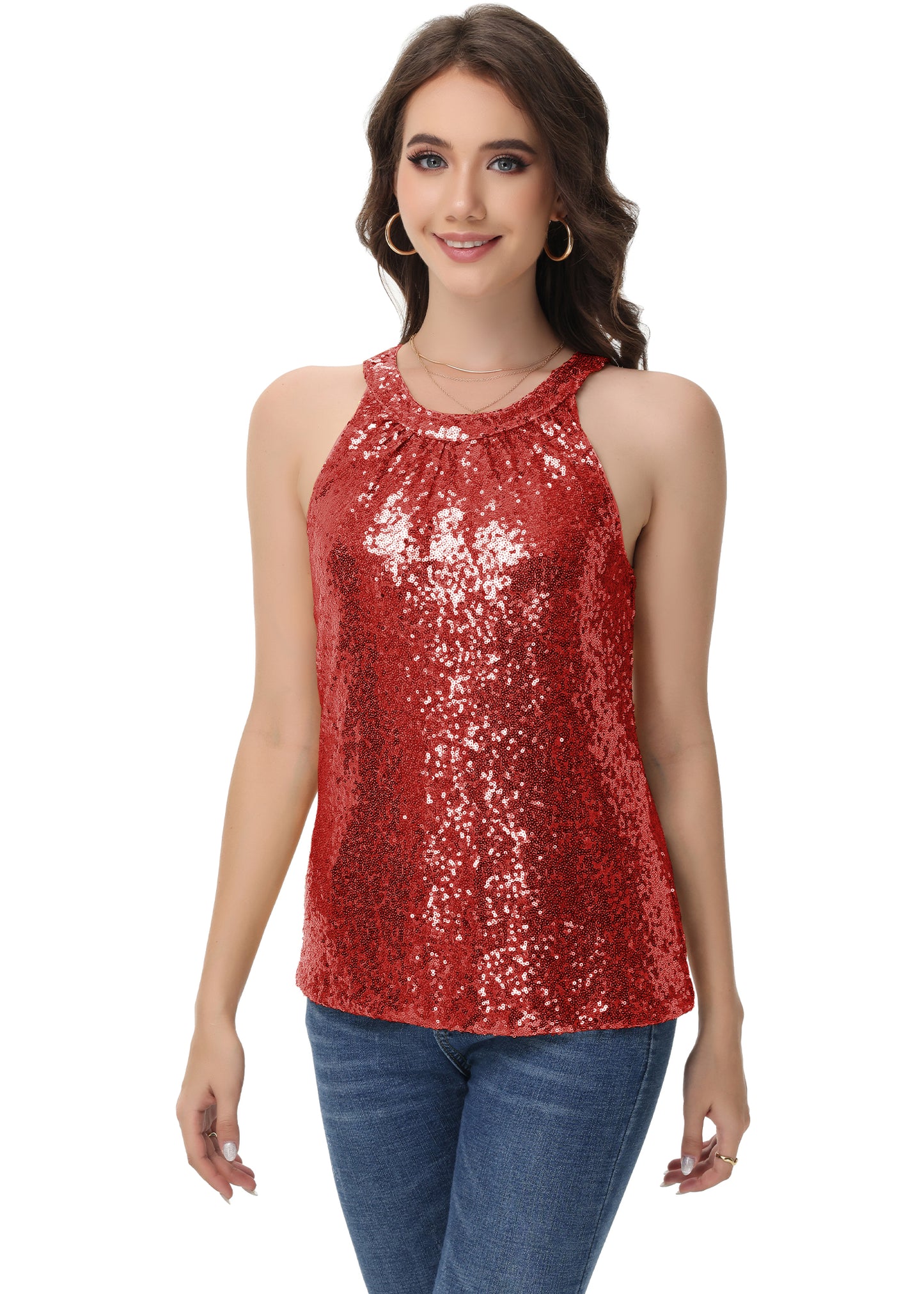 Anna-Kaci Women's Sparkly Sequin Halter Tank Tops Sleeveless Shirt Club Outfits