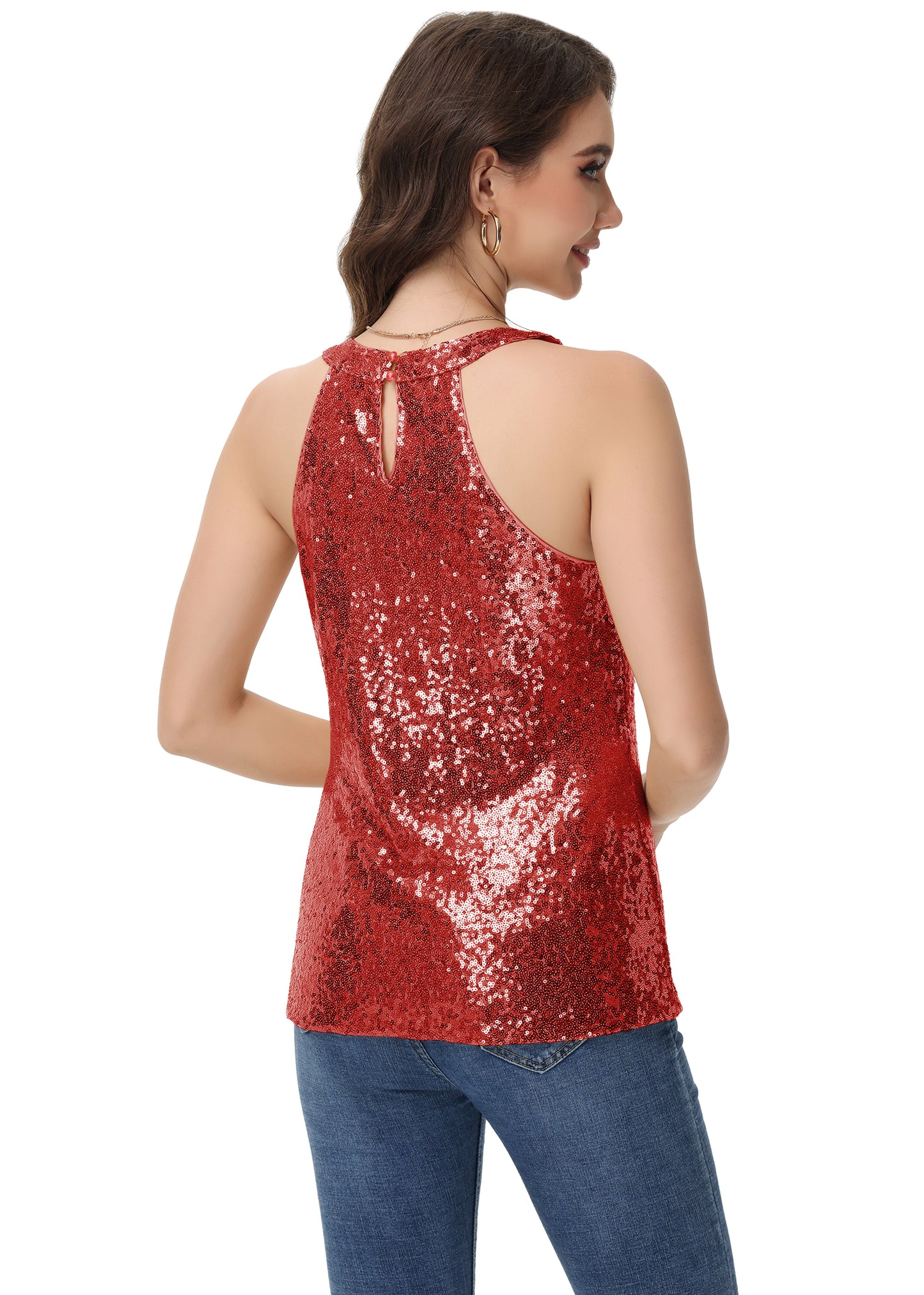 Anna-Kaci Women's Sparkly Sequin Halter Tank Tops Sleeveless Shirt Club Outfits