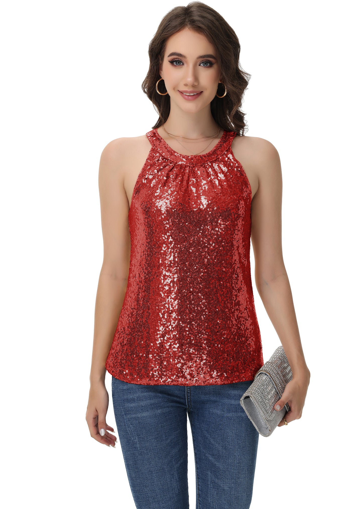 Anna-Kaci Women's Sparkly Sequin Halter Tank Tops Sleeveless Shirt Club Outfits