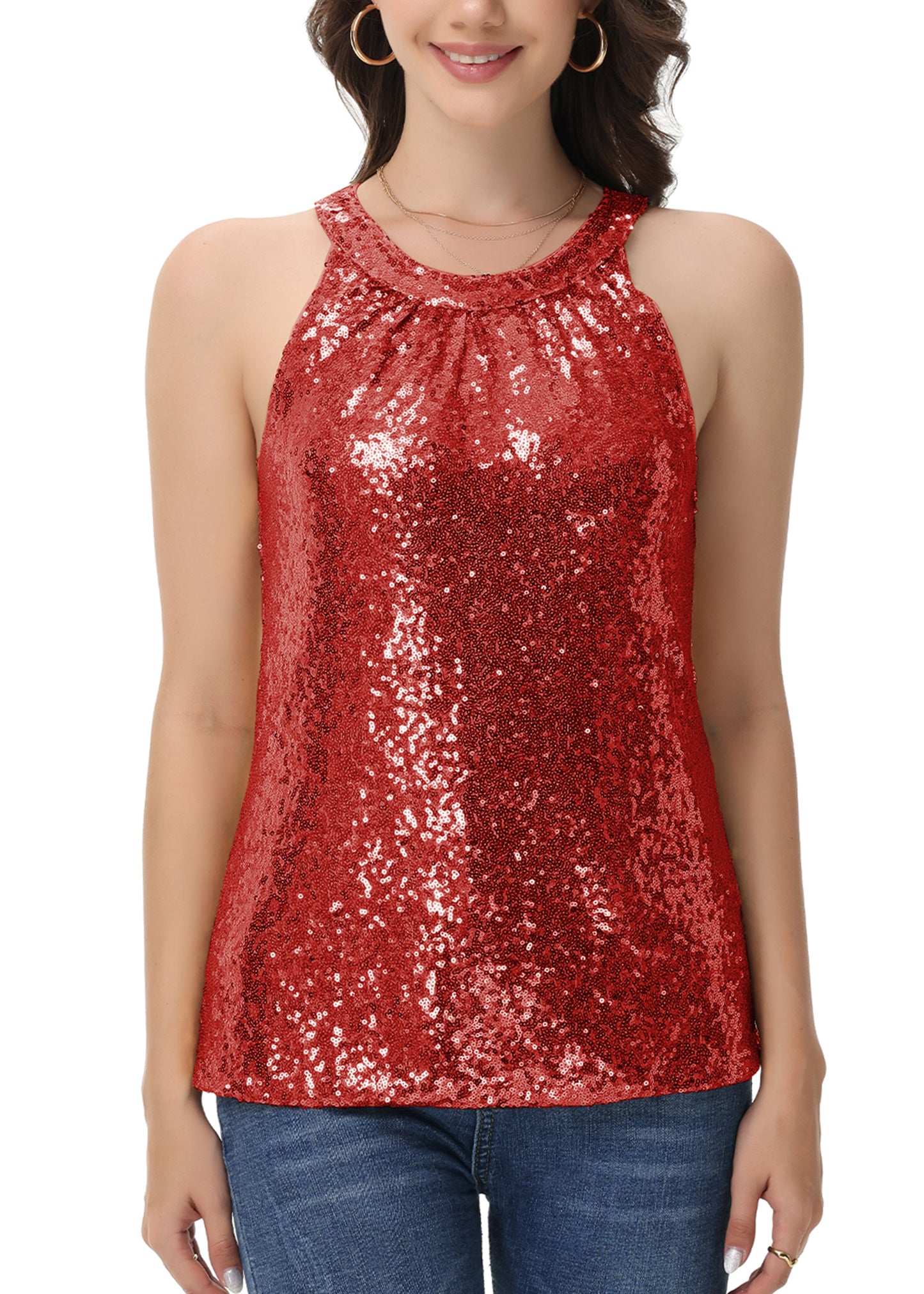 Anna-Kaci Women's Sparkly Sequin Halter Tank Tops Sleeveless Shirt Club Outfits