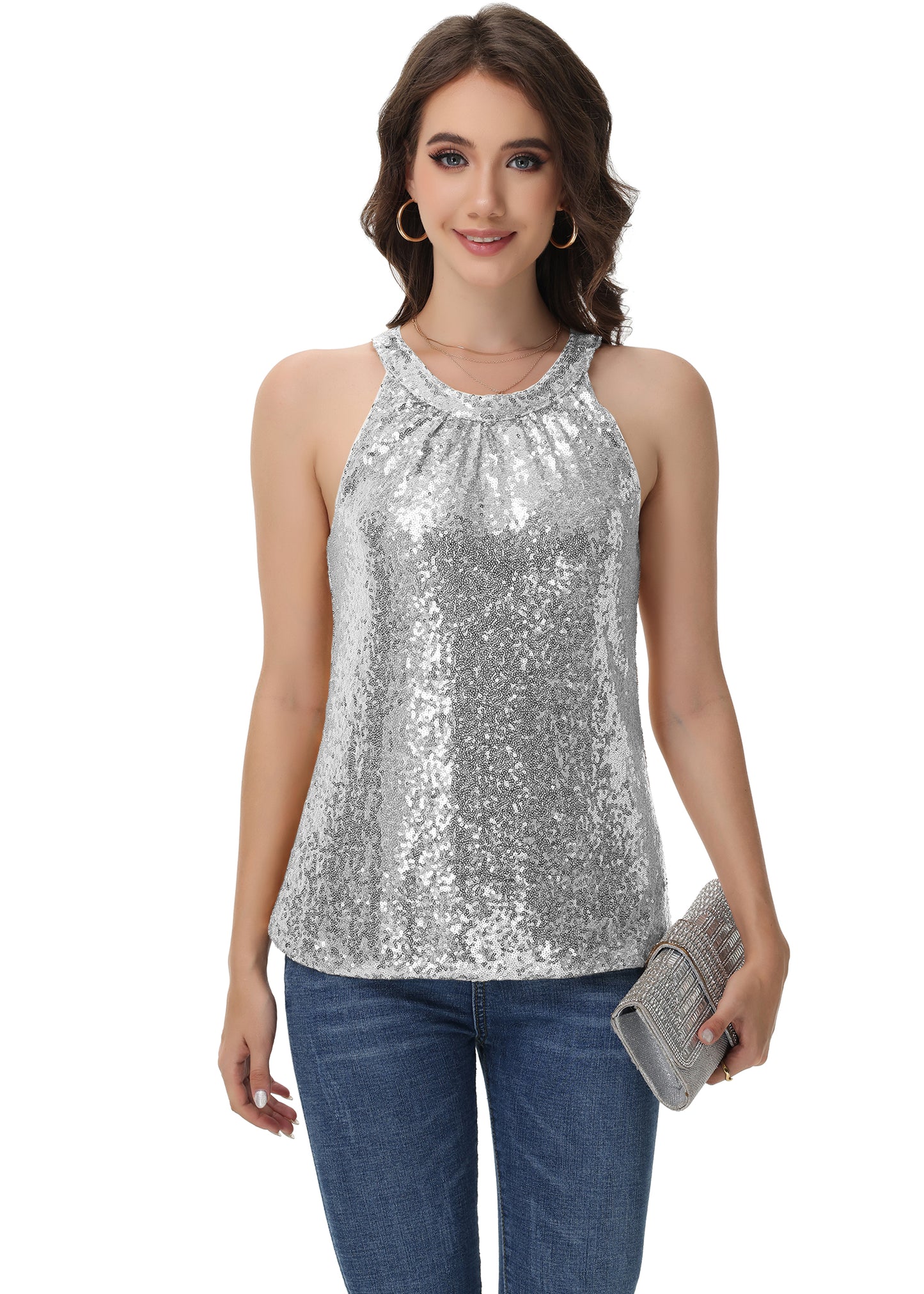 Anna-Kaci Women's Sparkly Sequin Halter Tank Tops Sleeveless Shirt Club Outfits