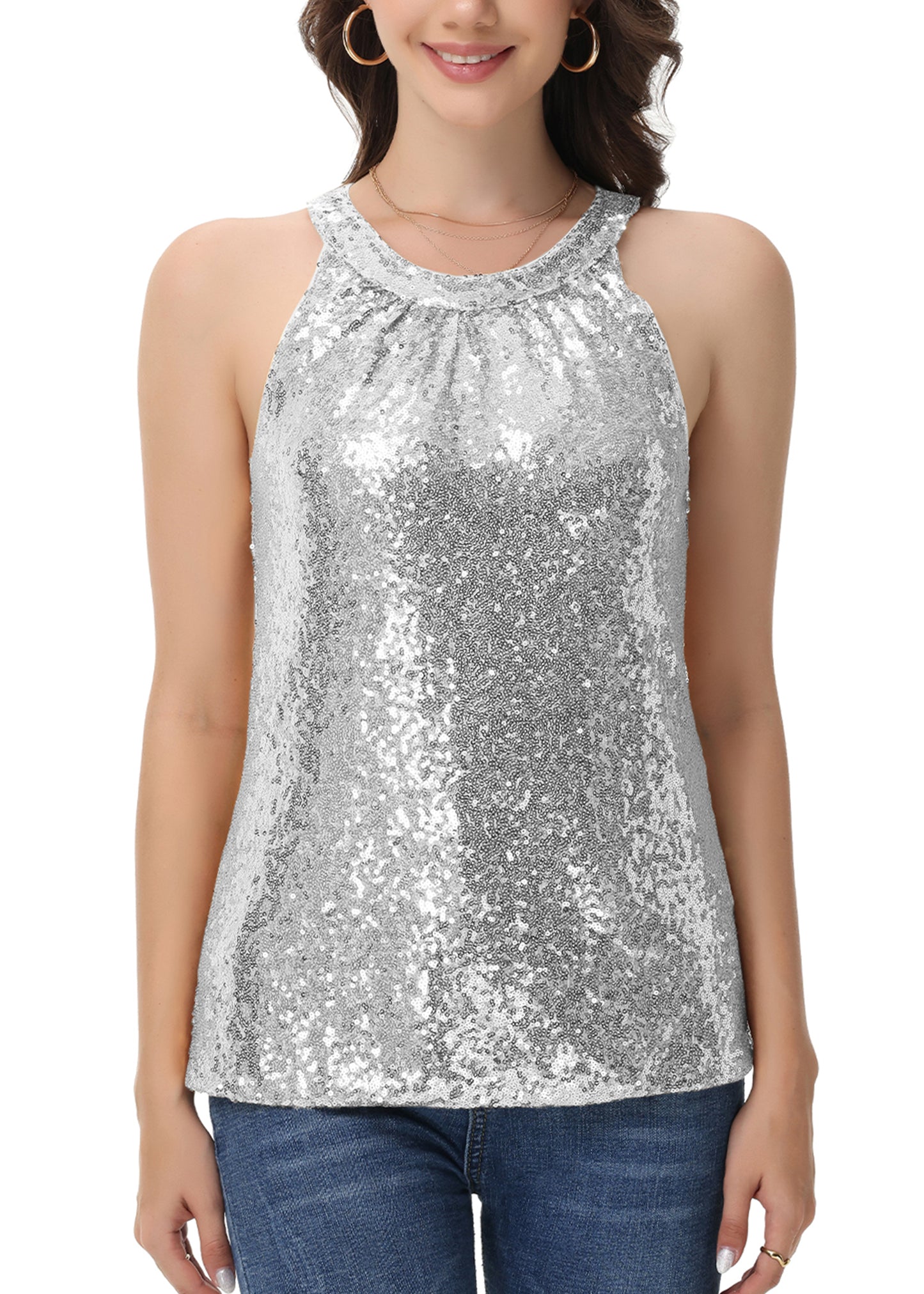 Anna-Kaci Women's Sparkly Sequin Halter Tank Tops Sleeveless Shirt Club Outfits