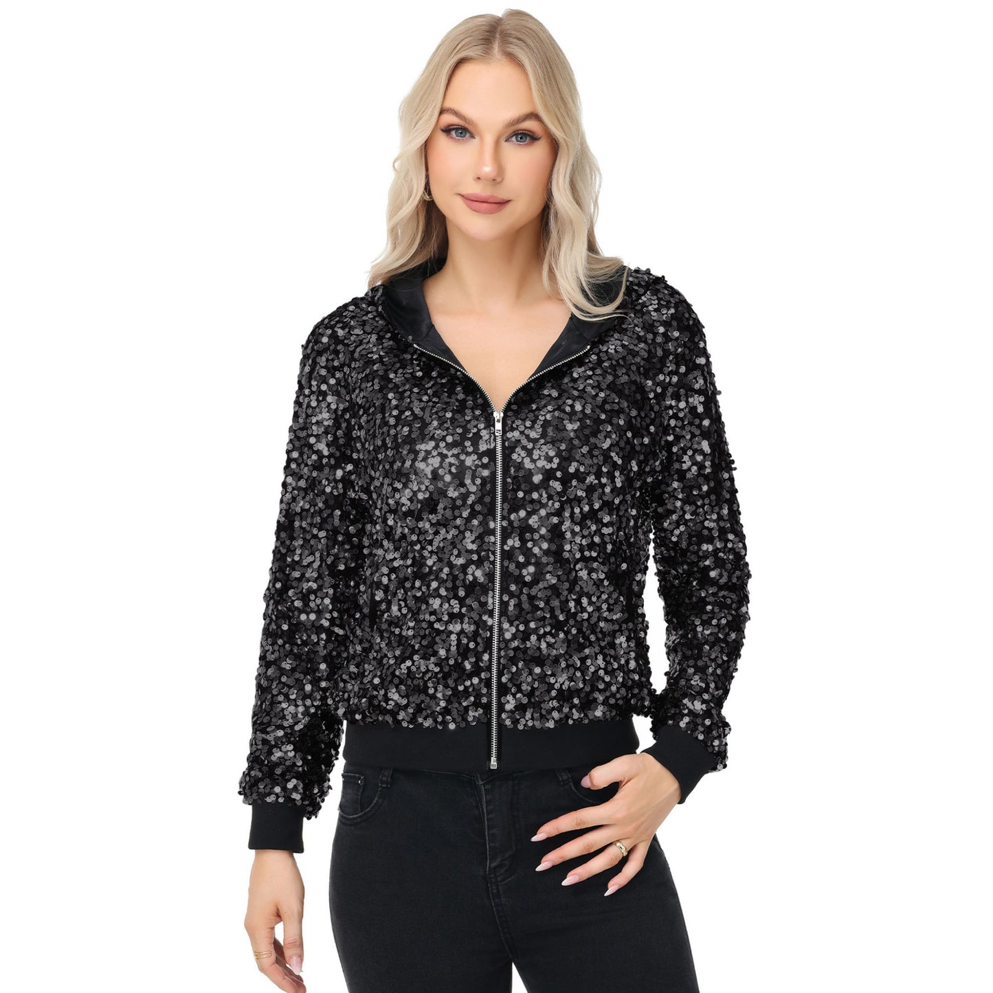 Anna-Kaci Women's Zip-Up Hoodie Jacket with Allover Sequin Embellishments and Ribbed Trim