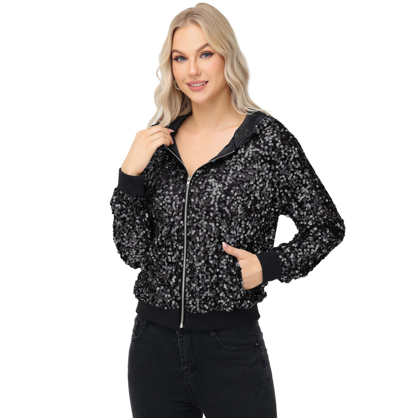 Anna-Kaci Women's Zip-Up Hoodie Jacket with Allover Sequin Embellishments and Ribbed Trim