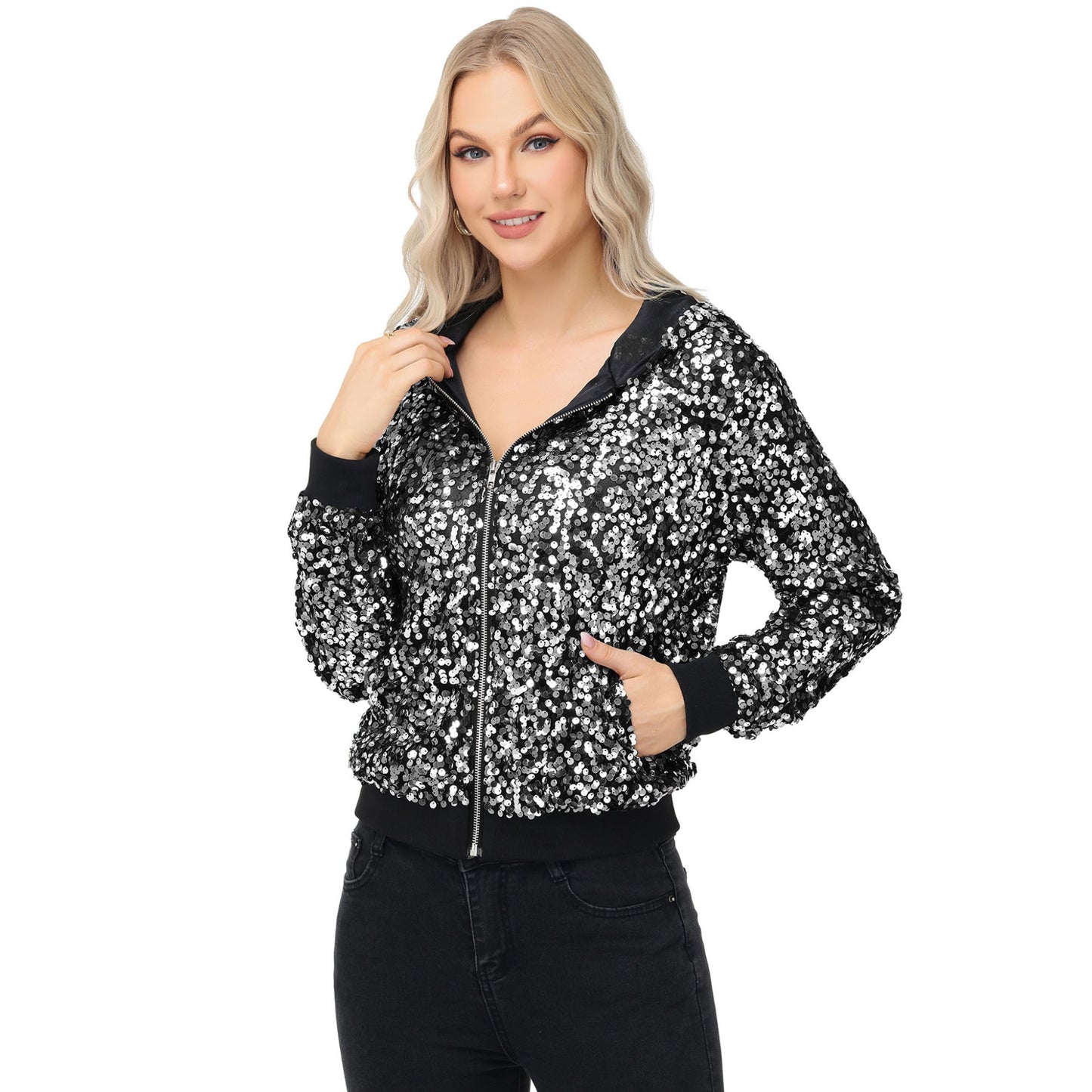 Anna-Kaci Women's Zip-Up Hoodie Jacket with Allover Sequin Embellishments and Ribbed Trim