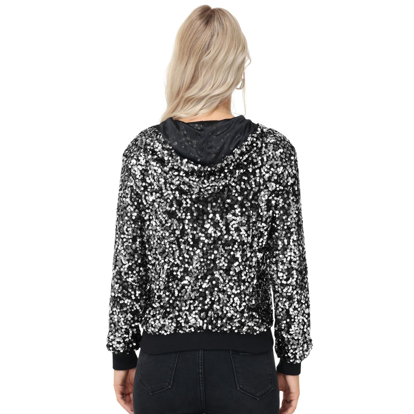 Anna-Kaci Women's Zip-Up Hoodie Jacket with Allover Sequin Embellishments and Ribbed Trim