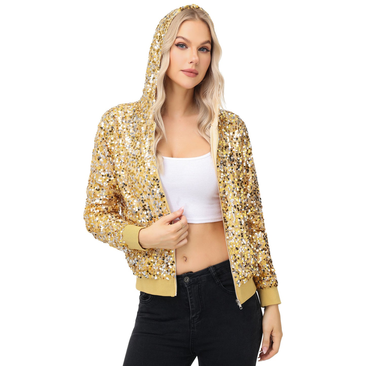 Anna-Kaci Women's Zip-Up Hoodie Jacket with Allover Sequin Embellishments and Ribbed Trim