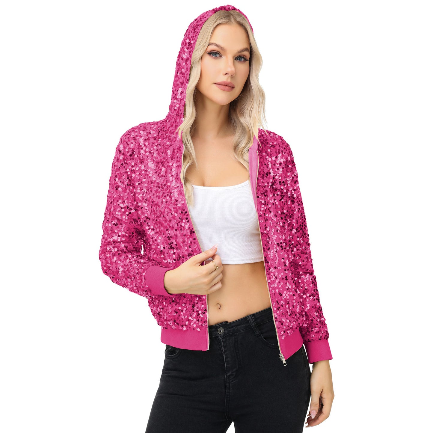 Anna-Kaci Women's Zip-Up Hoodie Jacket with Allover Sequin Embellishments and Ribbed Trim