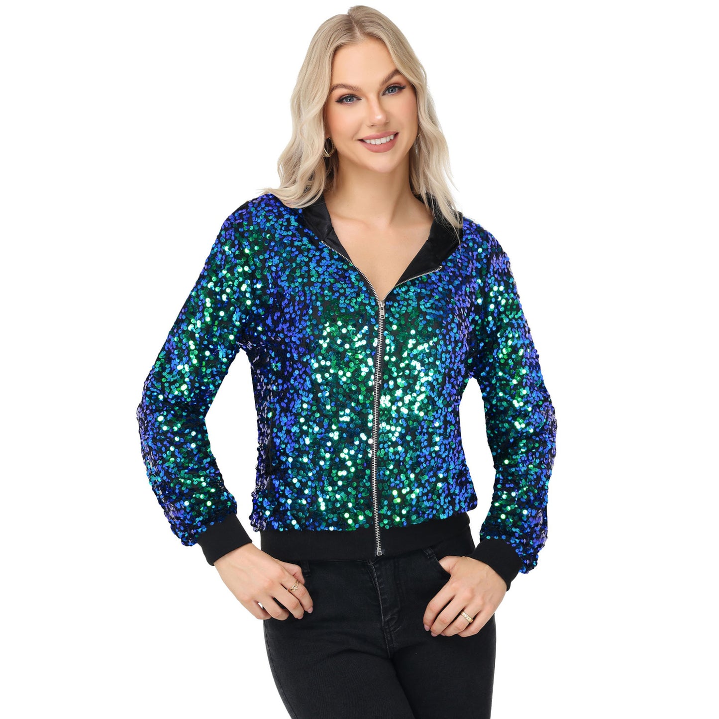 Anna-Kaci Women's Zip-Up Hoodie Jacket with Allover Sequin Embellishments and Ribbed Trim