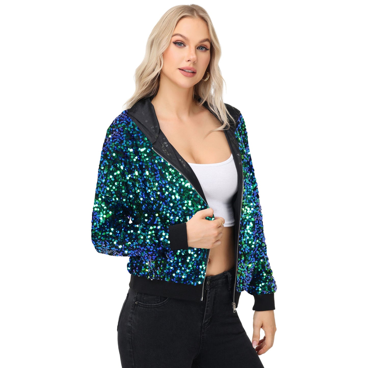 Anna-Kaci Women's Zip-Up Hoodie Jacket with Allover Sequin Embellishments and Ribbed Trim