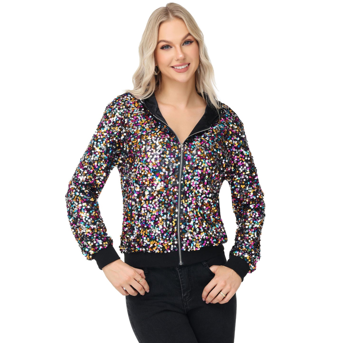 Anna-Kaci Women's Zip-Up Hoodie Jacket with Allover Sequin Embellishments and Ribbed Trim