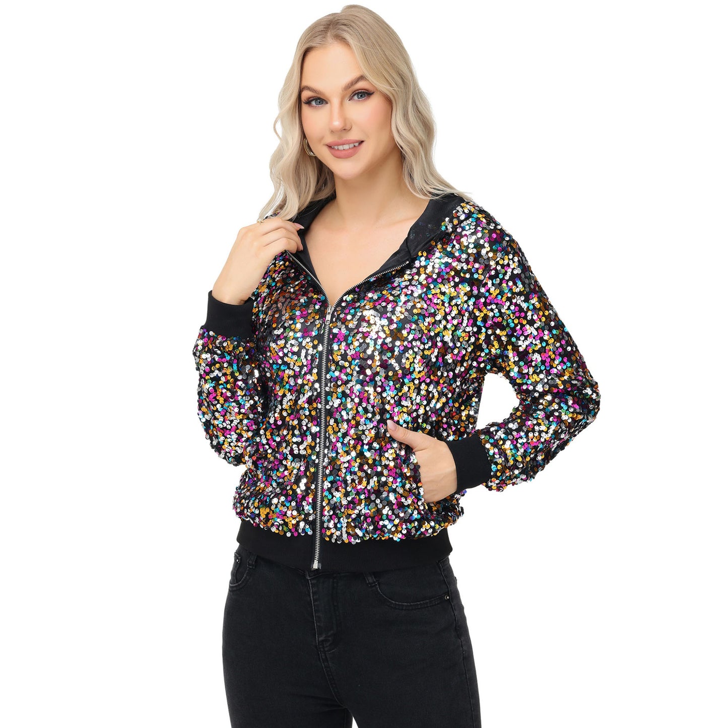 Anna-Kaci Women's Zip-Up Hoodie Jacket with Allover Sequin Embellishments and Ribbed Trim