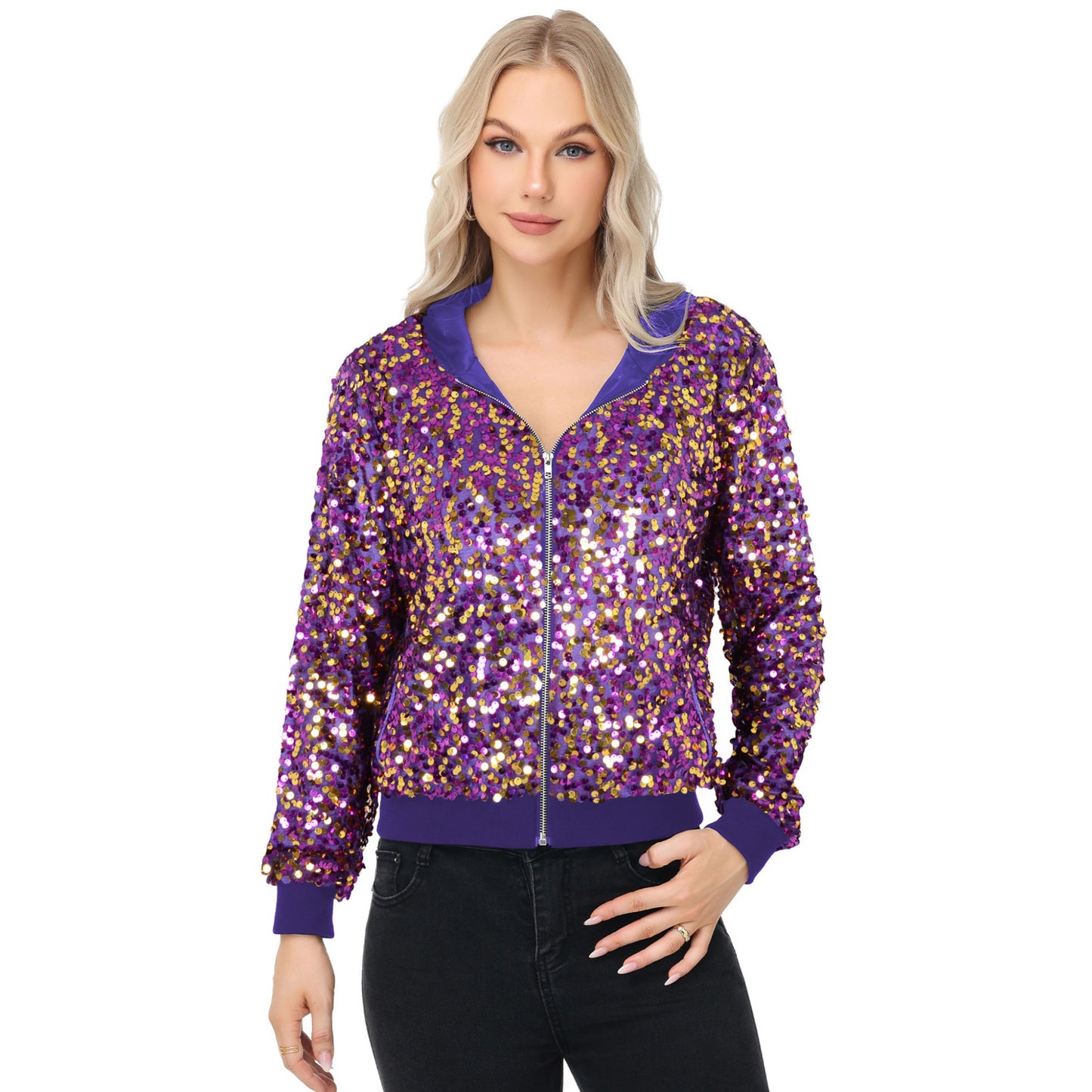 Anna-Kaci Women's Zip-Up Hoodie Jacket with Allover Sequin Embellishments and Ribbed Trim
