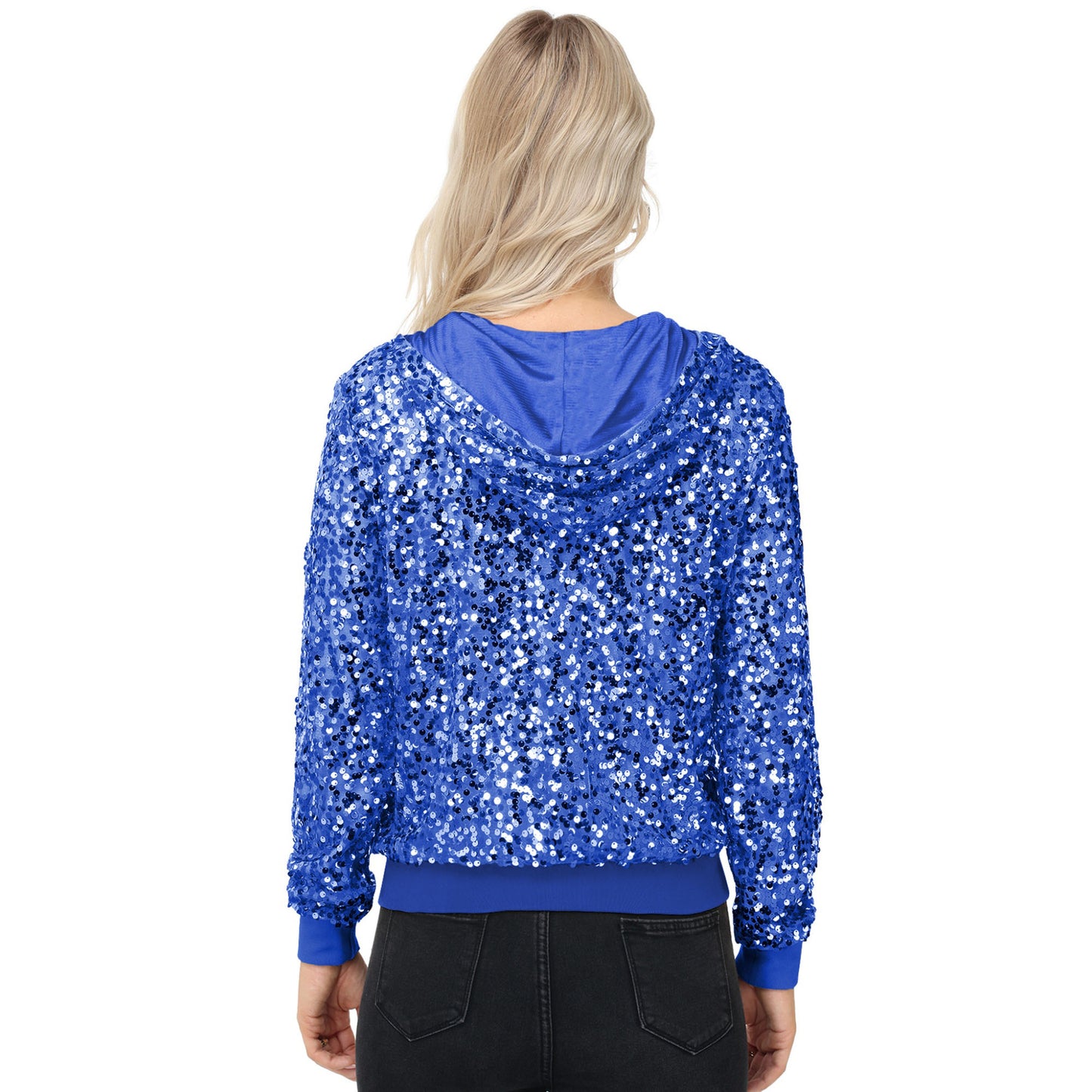 Anna-Kaci Women's Zip-Up Hoodie Jacket with Allover Sequin Embellishments and Ribbed Trim