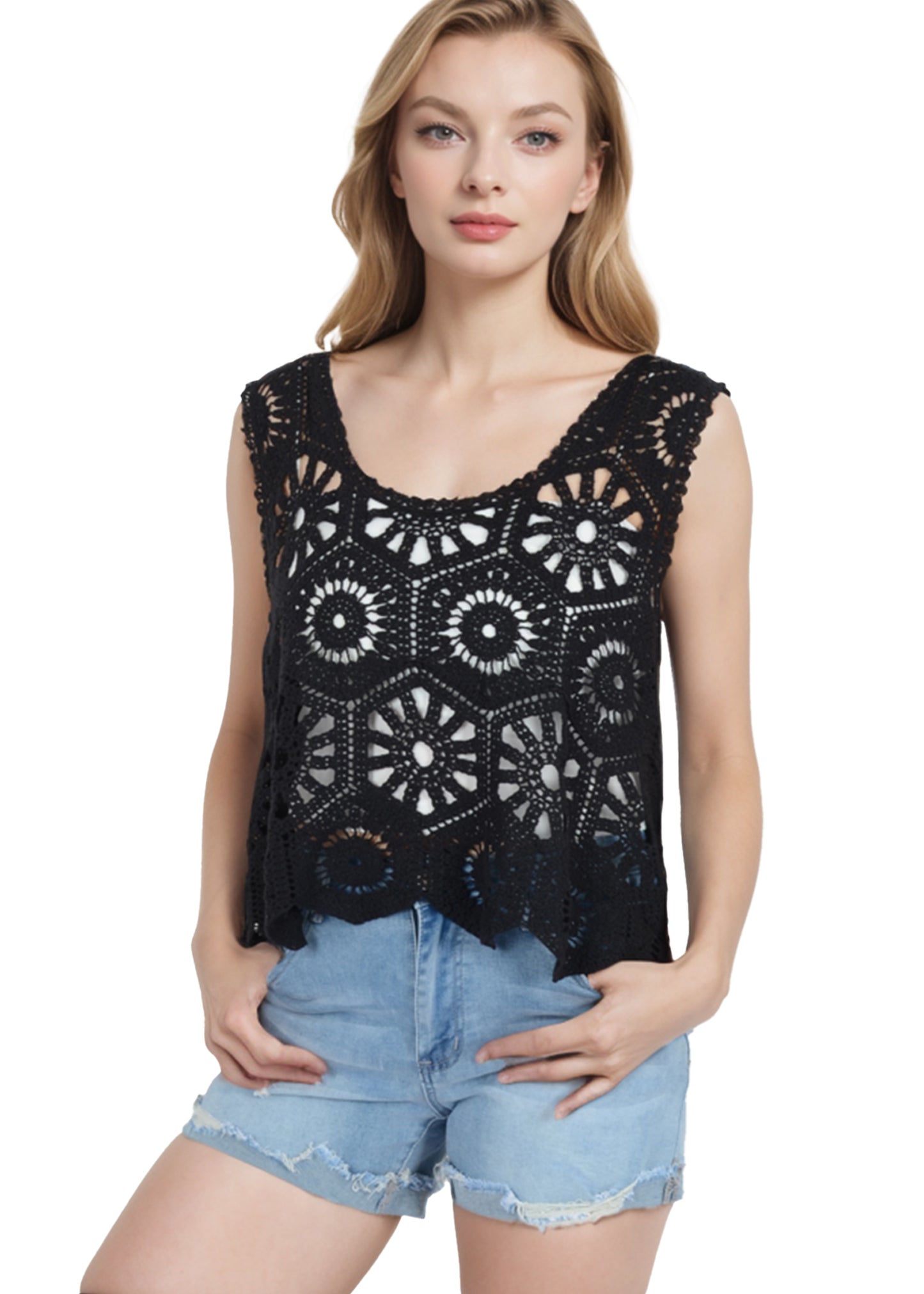 Anna-Kaci Women's Crochet Knit Tank Top with Hollow Flower Sleeveless Boho Lace Cover Up