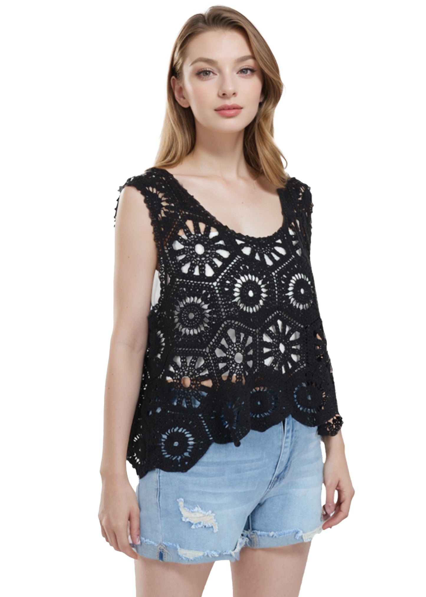 Anna-Kaci Women's Crochet Knit Tank Top with Hollow Flower Sleeveless Boho Lace Cover Up