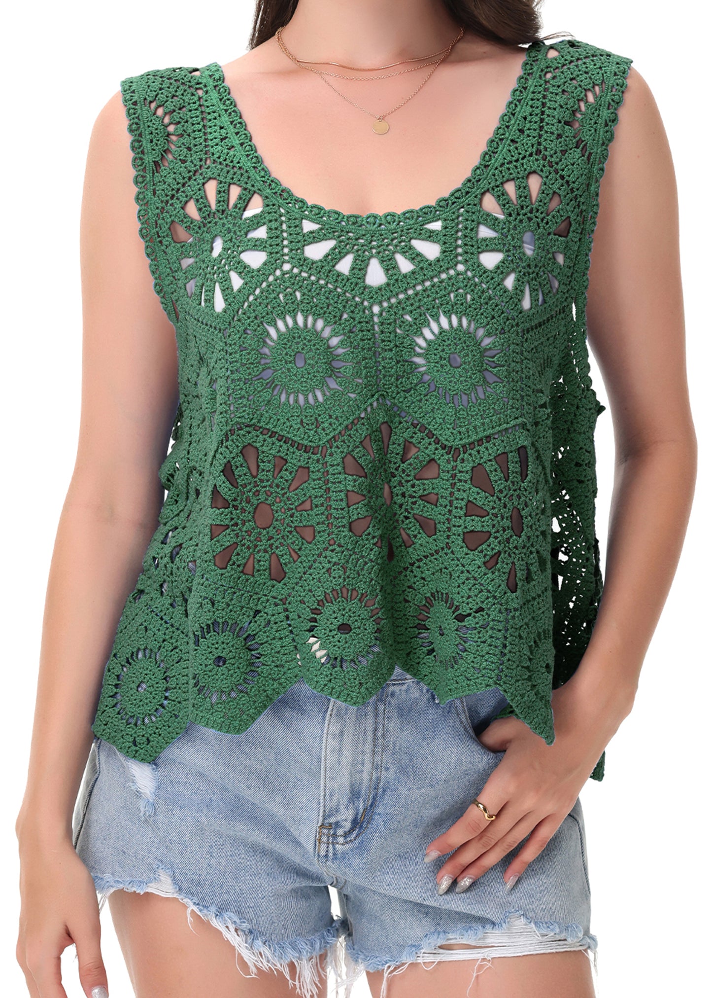Anna-Kaci Women's Crochet Knit Tank Top with Hollow Flower Sleeveless Boho Lace Cover Up