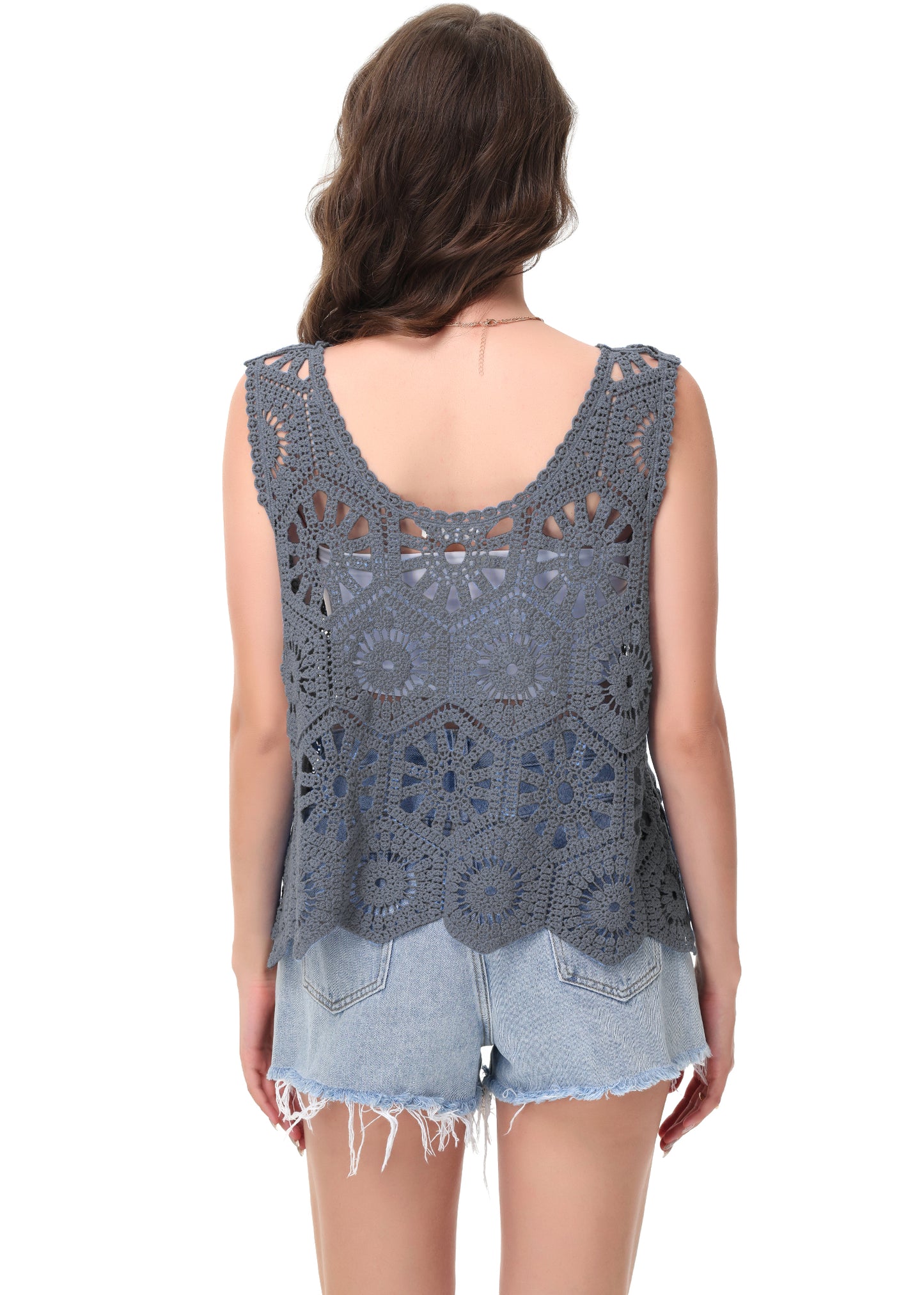 Anna-Kaci Women's Crochet Knit Tank Top with Hollow Flower Sleeveless Boho Lace Cover Up