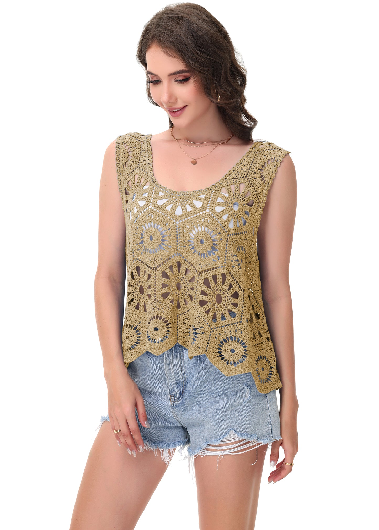 Anna-Kaci Women's Crochet Knit Tank Top with Hollow Flower Sleeveless Boho Lace Cover Up