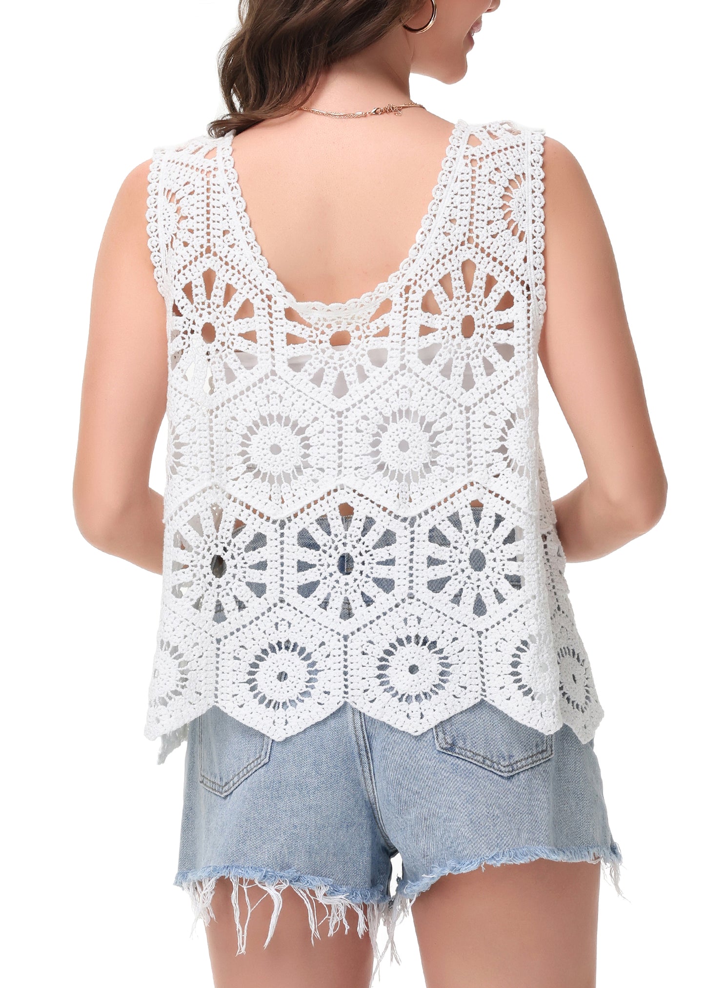 Anna-Kaci Women's Crochet Knit Tank Top with Hollow Flower Sleeveless Boho Lace Cover Up