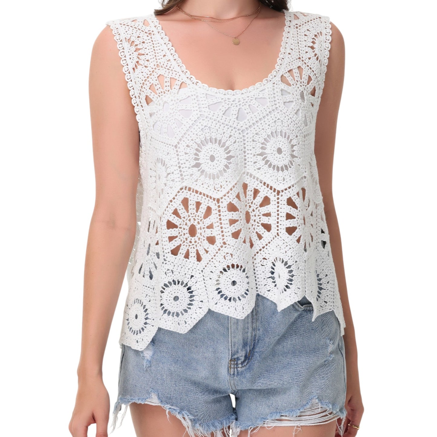 Anna-Kaci Women's Crochet Knit Tank Top with Hollow Flower Sleeveless Boho Lace Cover Up