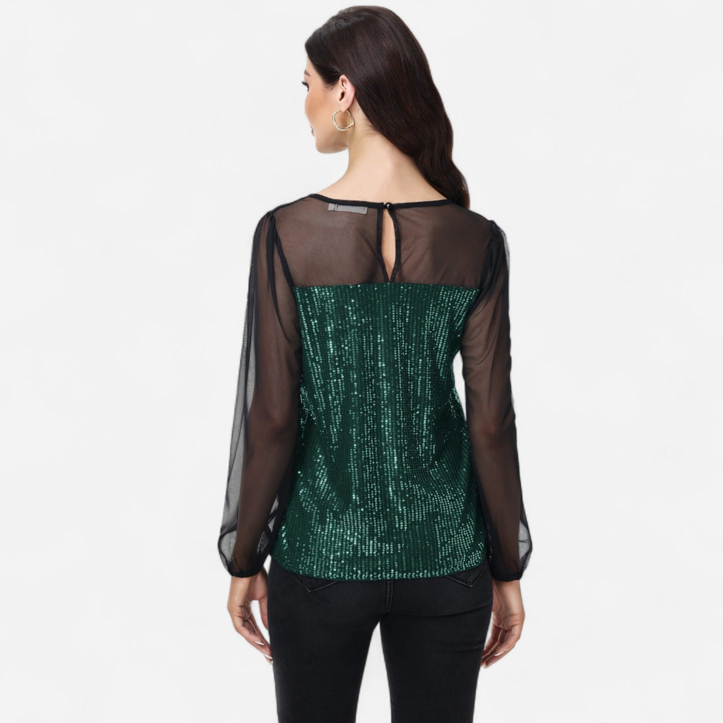 Anna-Kaci Women's Sheer Mesh Long Sleeve Top with Sequin Front Panel and Crew Neckline