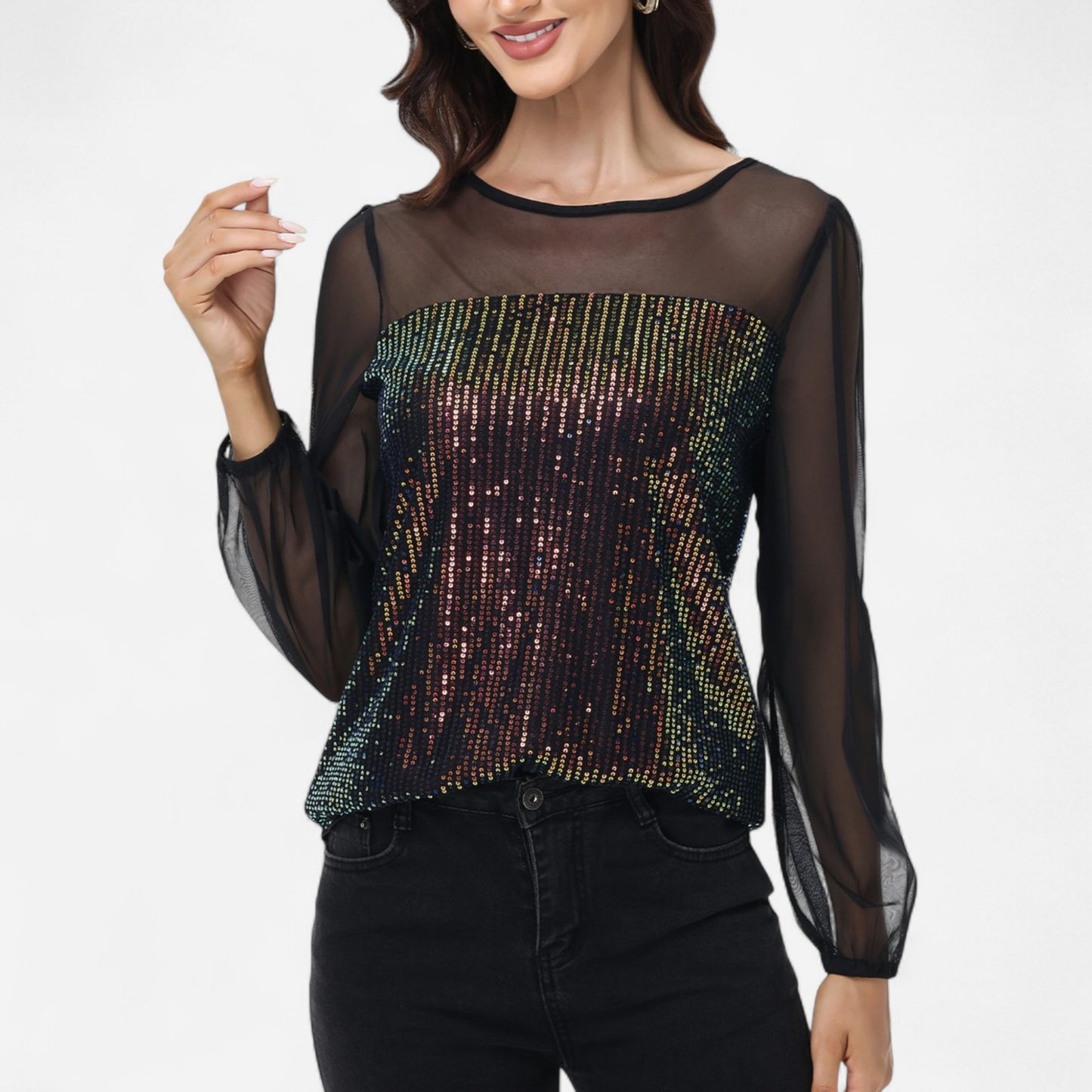 Anna-Kaci Women's Sheer Mesh Long Sleeve Top with Sequin Front Panel and Crew Neckline