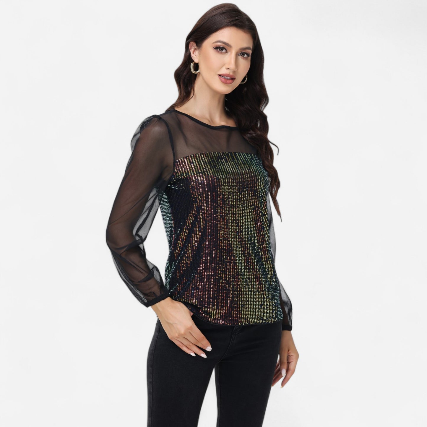 Anna-Kaci Women's Sheer Mesh Long Sleeve Top with Sequin Front Panel and Crew Neckline