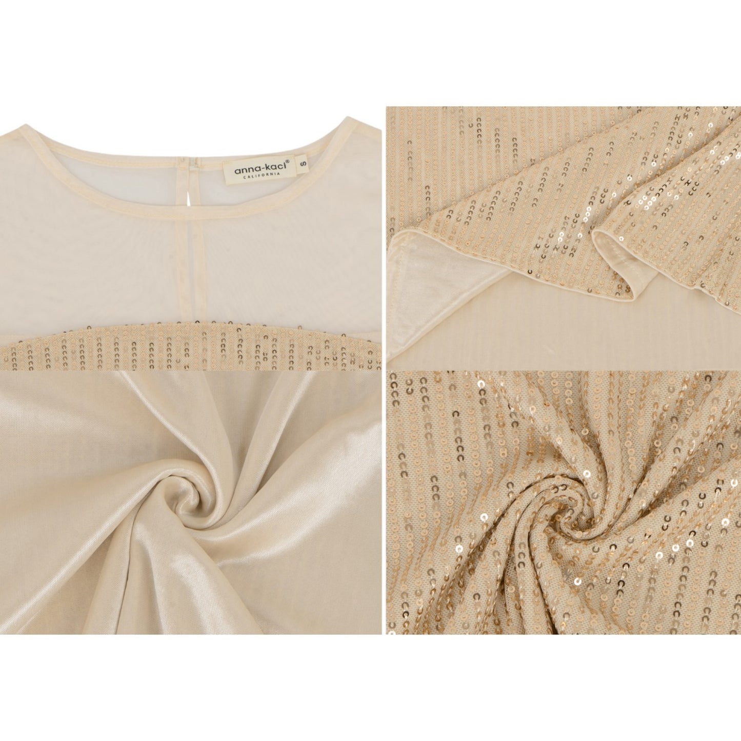 Anna-Kaci Women's Sheer Mesh Long Sleeve Top with Sequin Front Panel and Crew Neckline