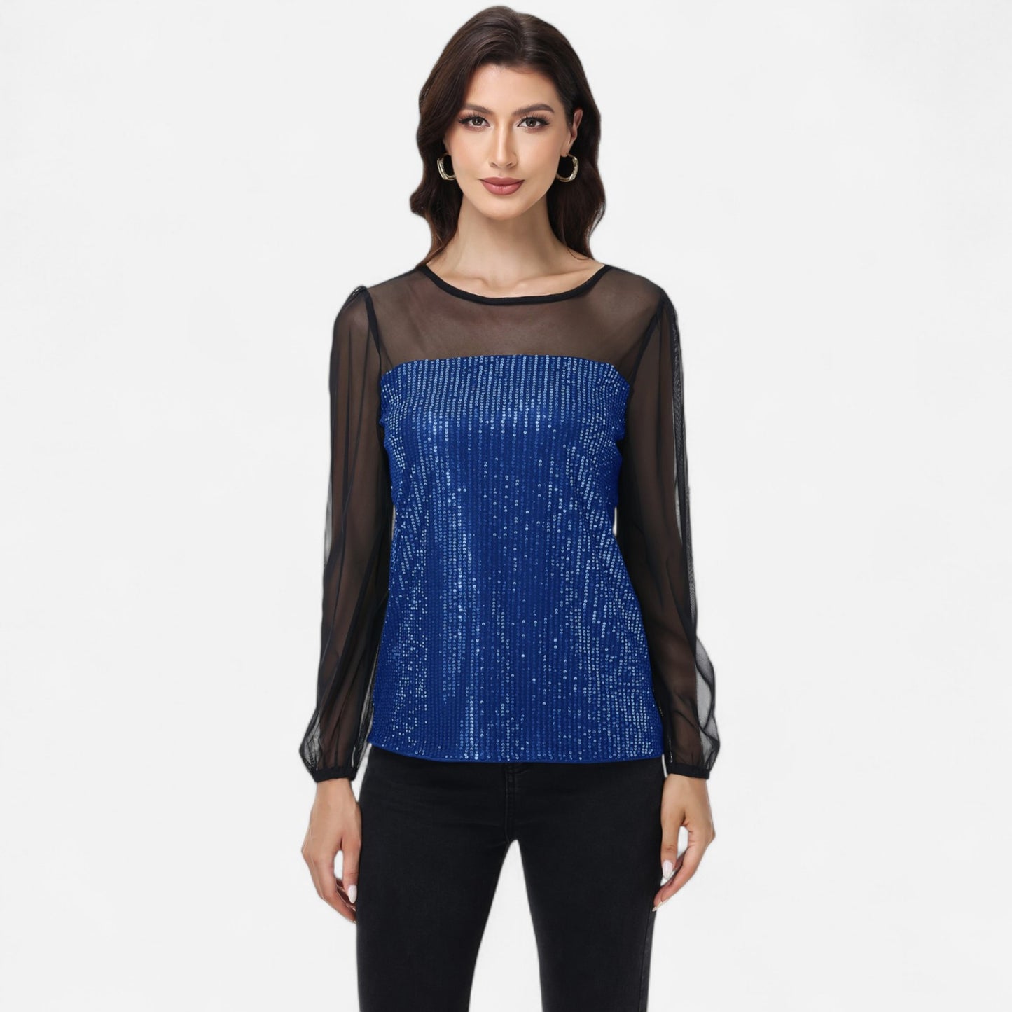 Anna-Kaci Women's Sheer Mesh Long Sleeve Top with Sequin Front Panel and Crew Neckline