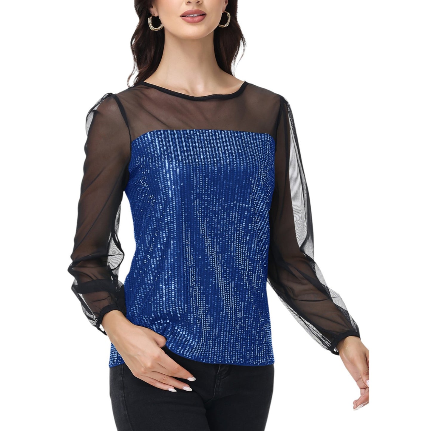 Anna-Kaci Women's Sheer Mesh Long Sleeve Top with Sequin Front Panel and Crew Neckline