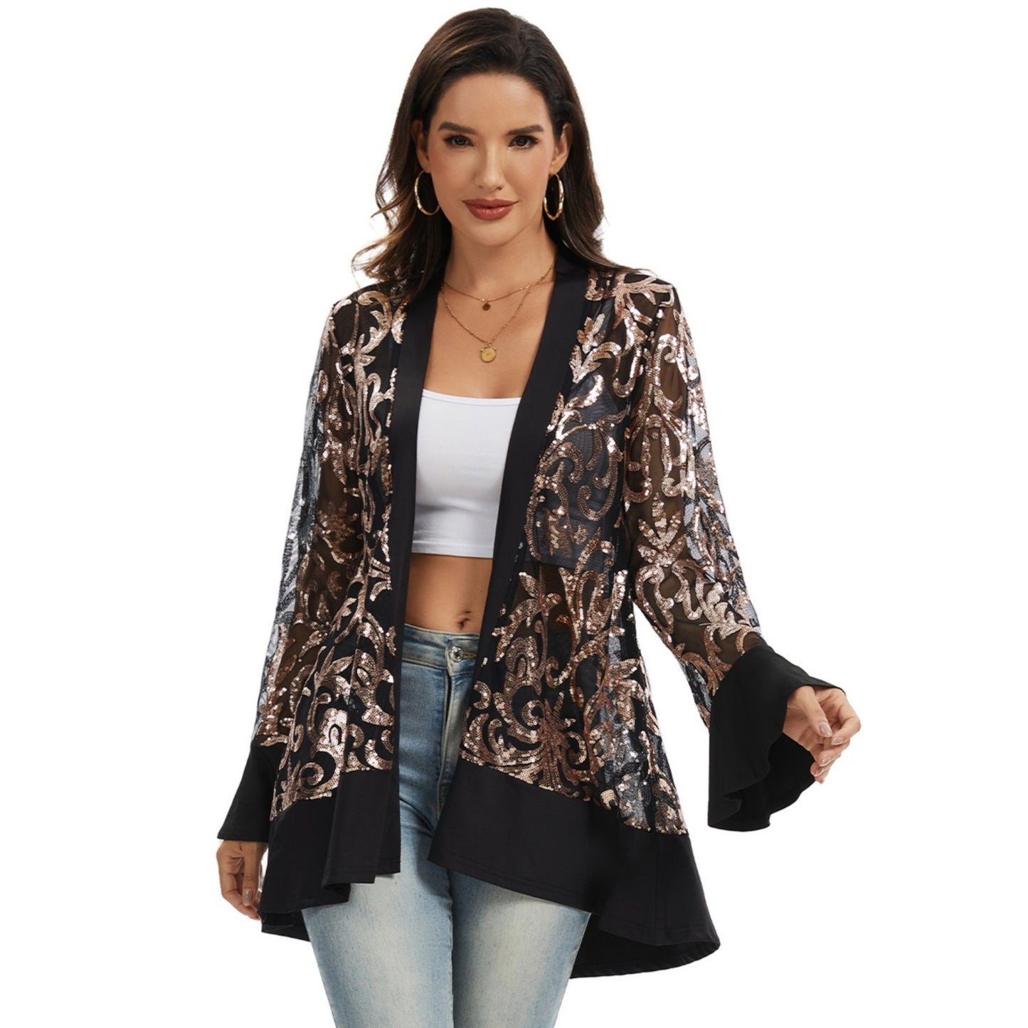 Anna-Kaci Women' s Sequin Mesh Cardigan with Sheer Embellished Sleeves and Flowing Open Front Design for Layering Style