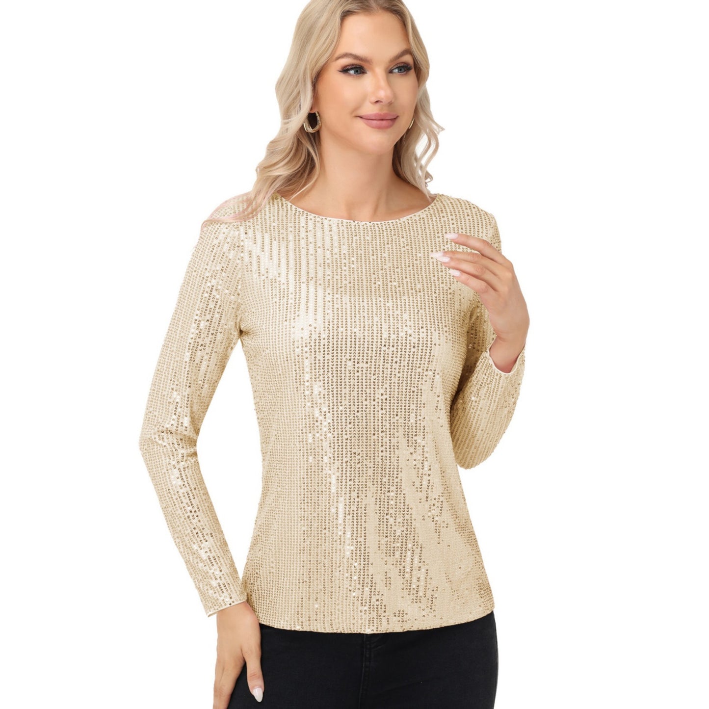 Anna-Kaci Women's Long Sleeve Sequin Top with Crew Neck and Fitted Silhouette