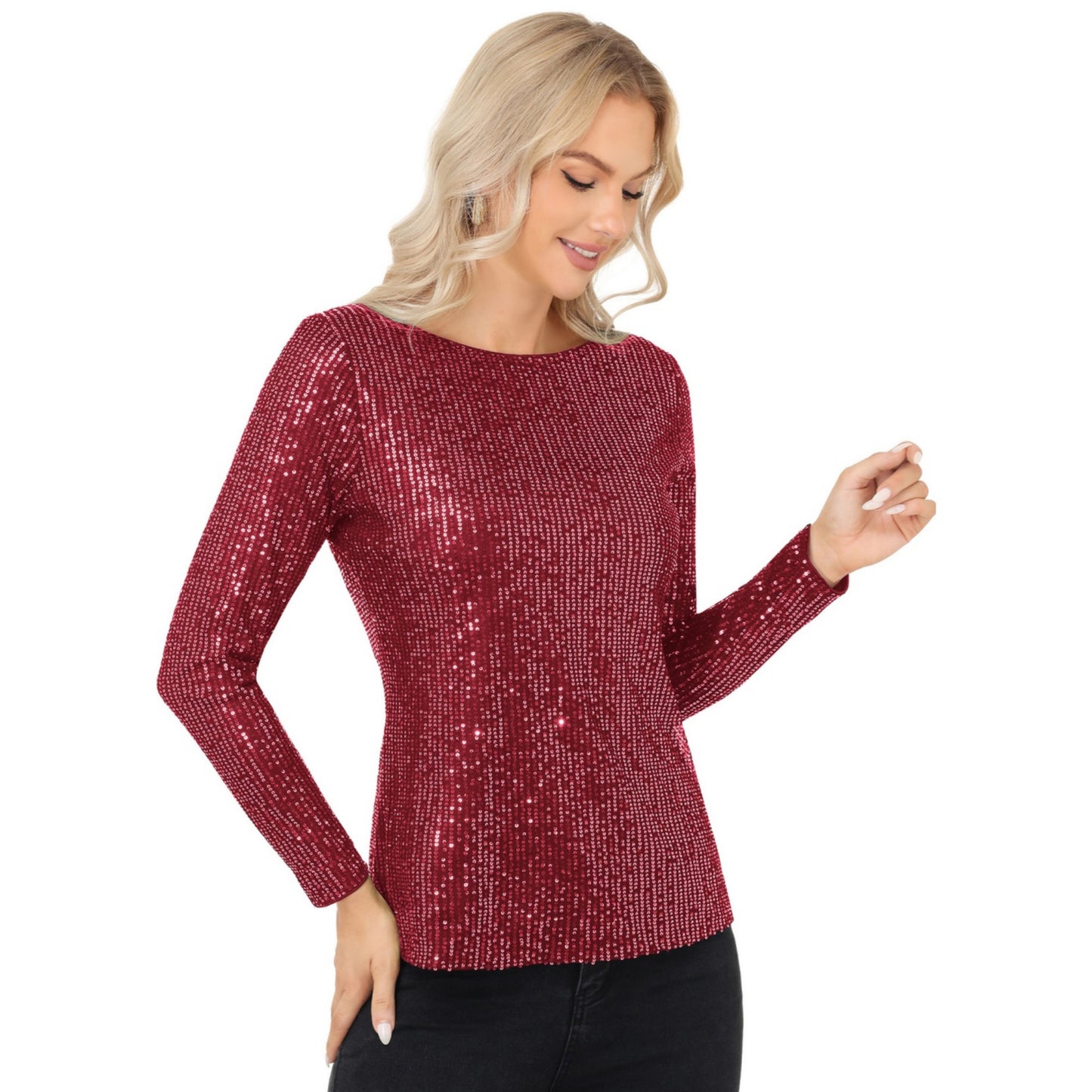 Anna-Kaci Women's Long Sleeve Sequin Top with Crew Neck and Fitted Silhouette