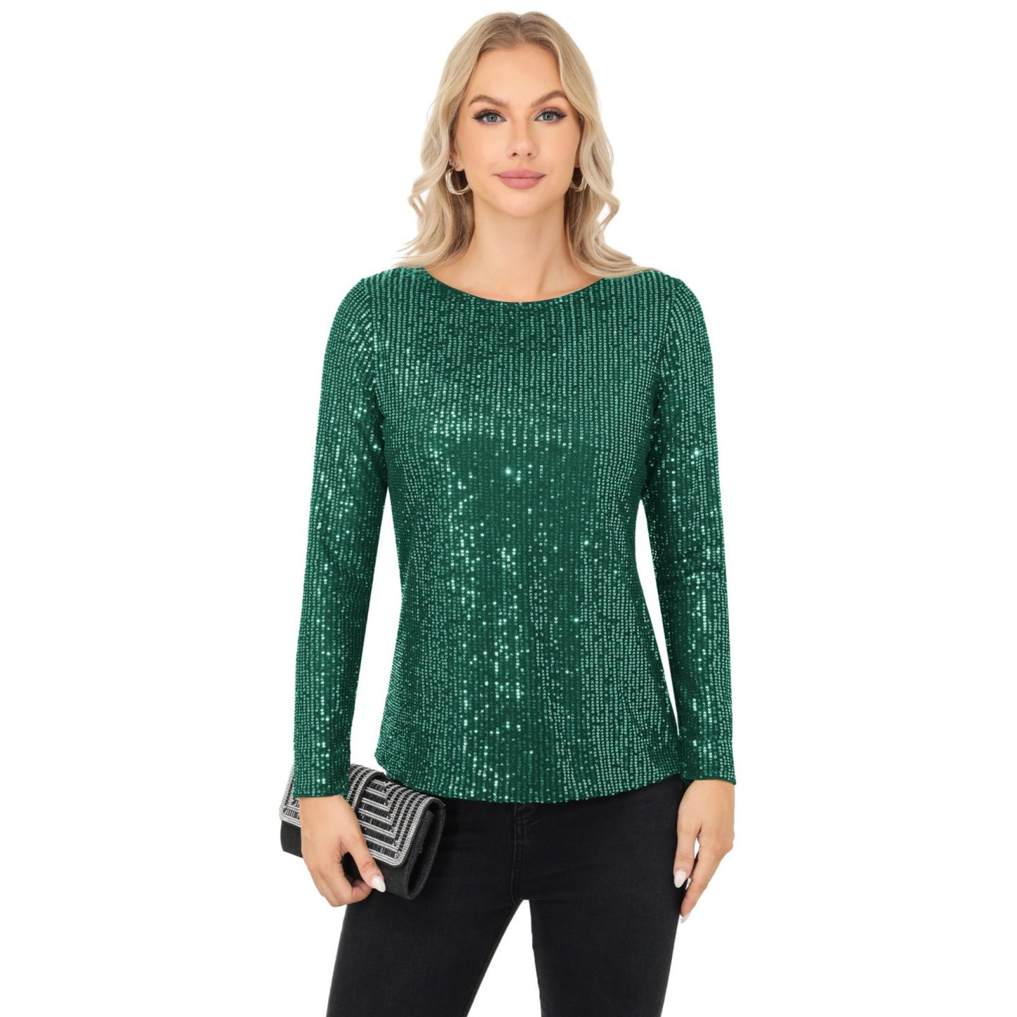 Anna-Kaci Women's Long Sleeve Sequin Top with Crew Neck and Fitted Silhouette