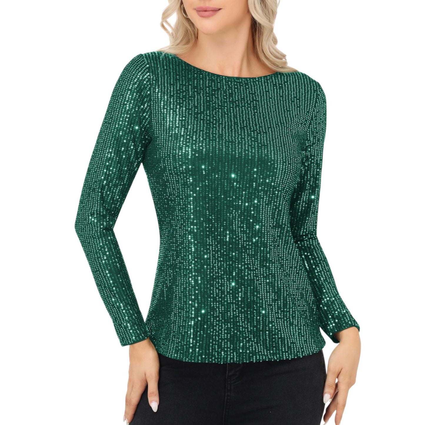 Anna-Kaci Women's Long Sleeve Sequin Top with Crew Neck and Fitted Silhouette