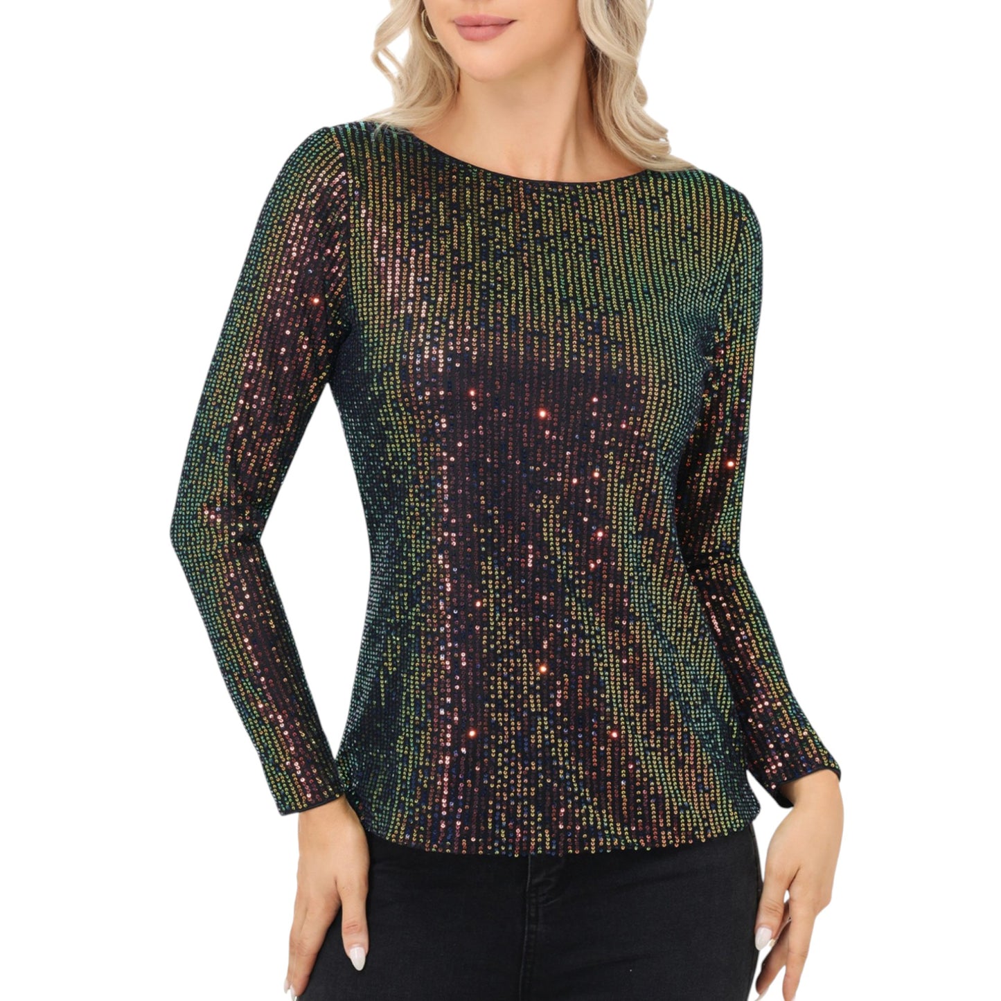 Anna-Kaci Women's Long Sleeve Sequin Top with Crew Neck and Fitted Silhouette