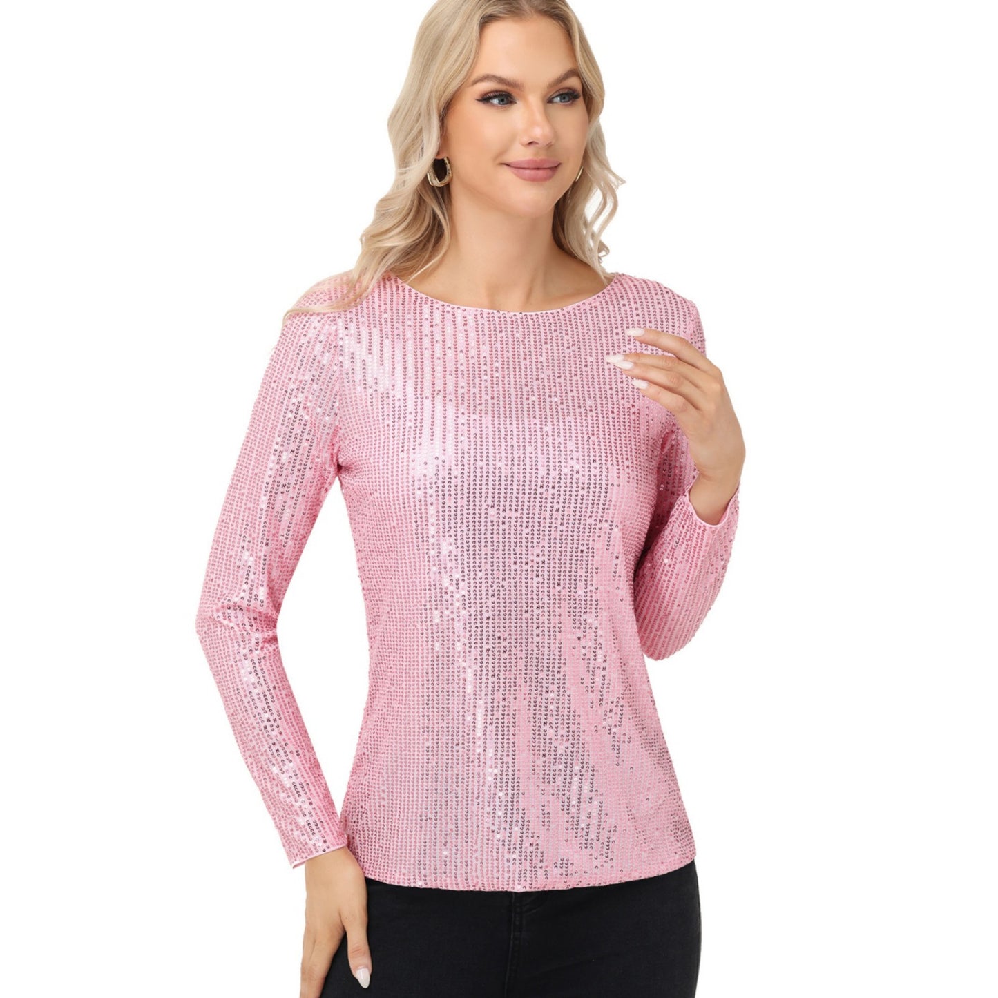 Anna-Kaci Women's Long Sleeve Sequin Top with Crew Neck and Fitted Silhouette