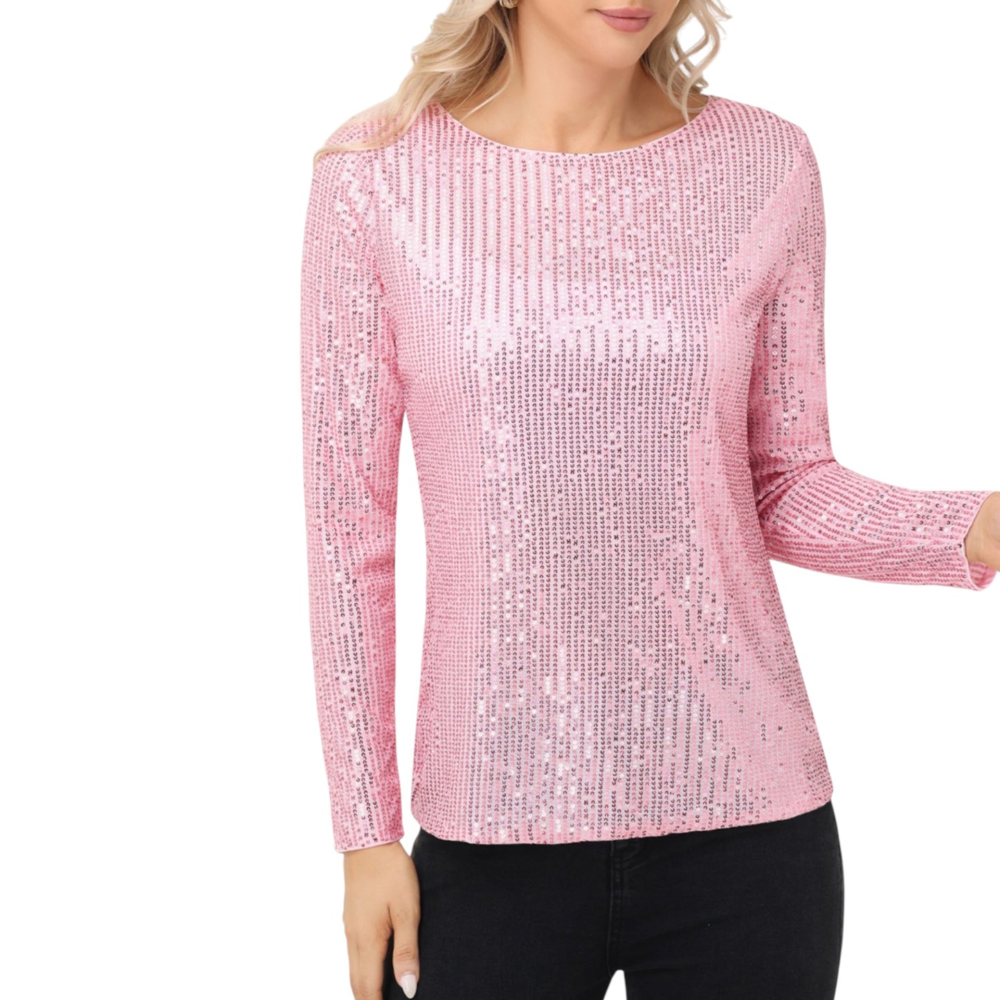 Anna-Kaci Women's Long Sleeve Sequin Top with Crew Neck and Fitted Silhouette