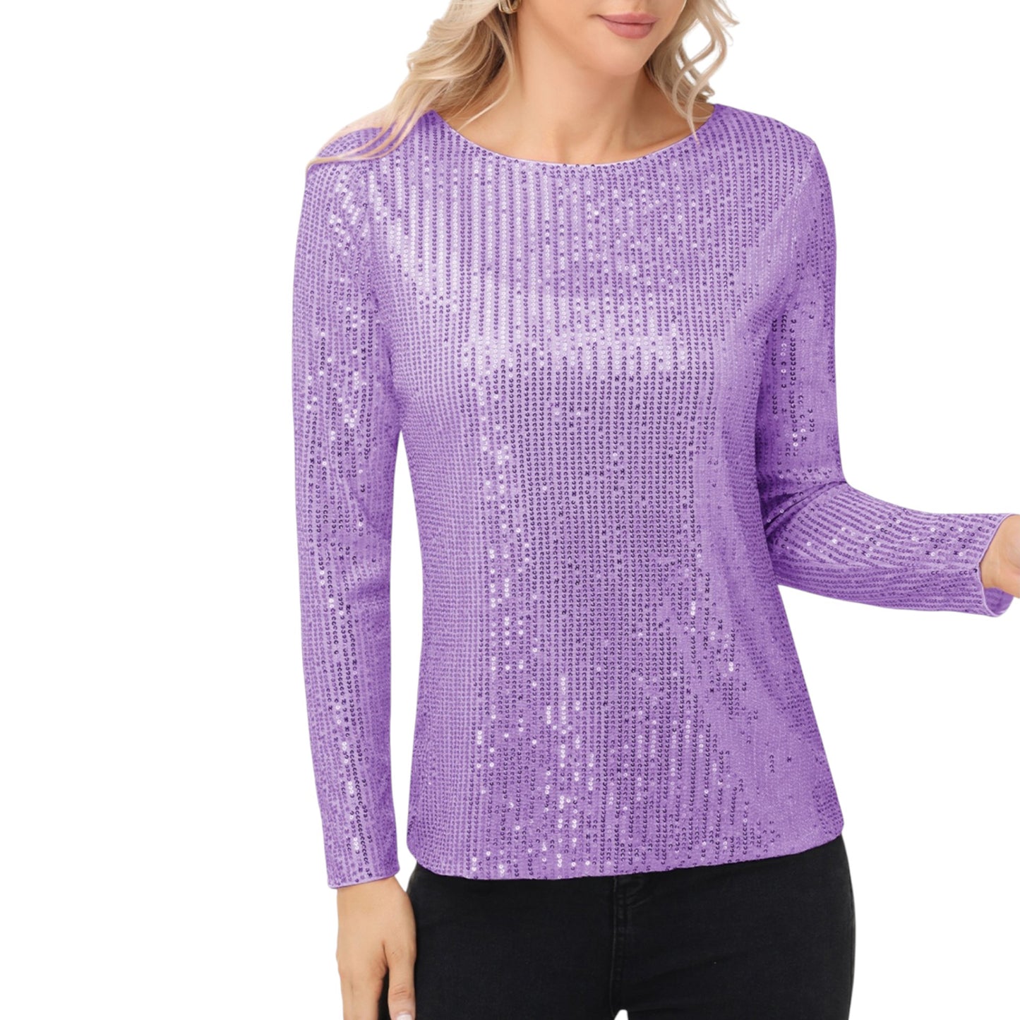 Anna-Kaci Women's Long Sleeve Sequin Top with Crew Neck and Fitted Silhouette