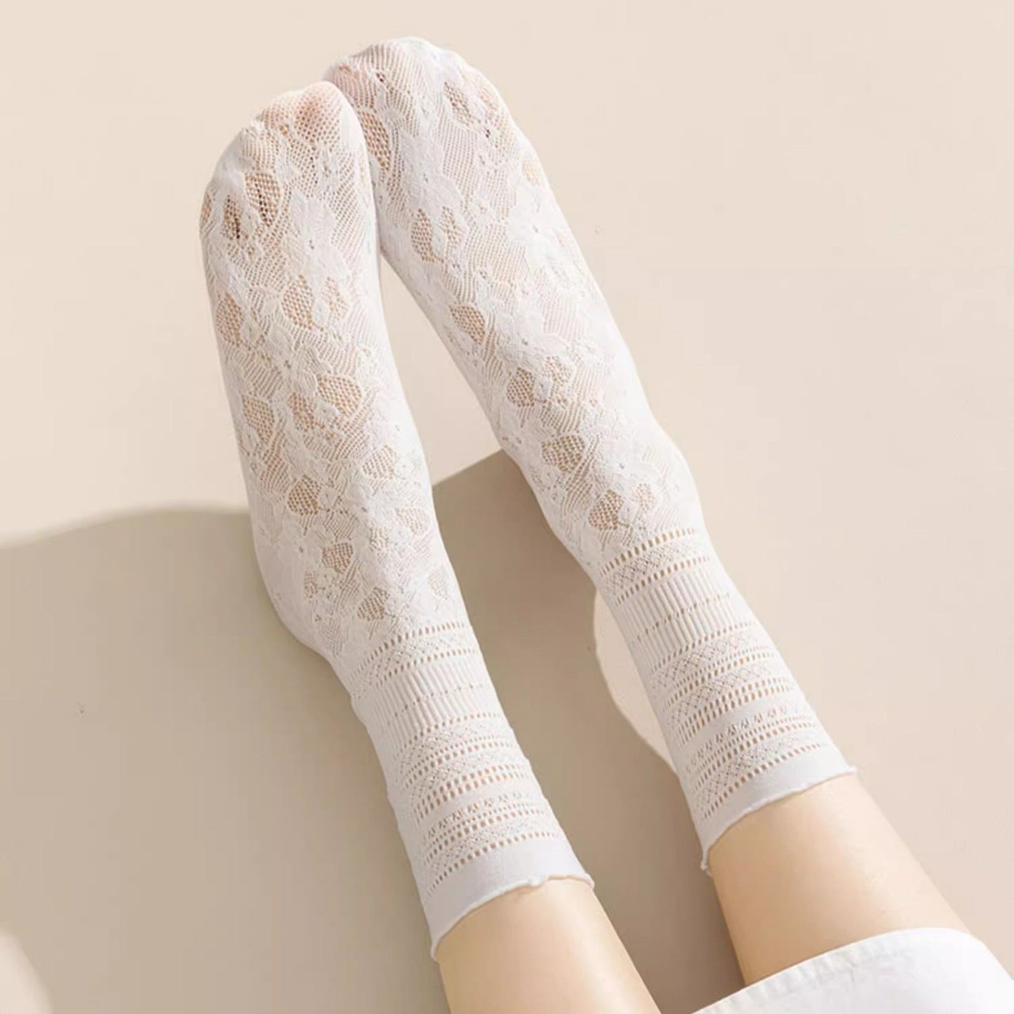 Anna-Kaci Women's Lace Liner Socks with Elastic Cuff and Floral Mesh Detail Soft Stretch 2-Pack