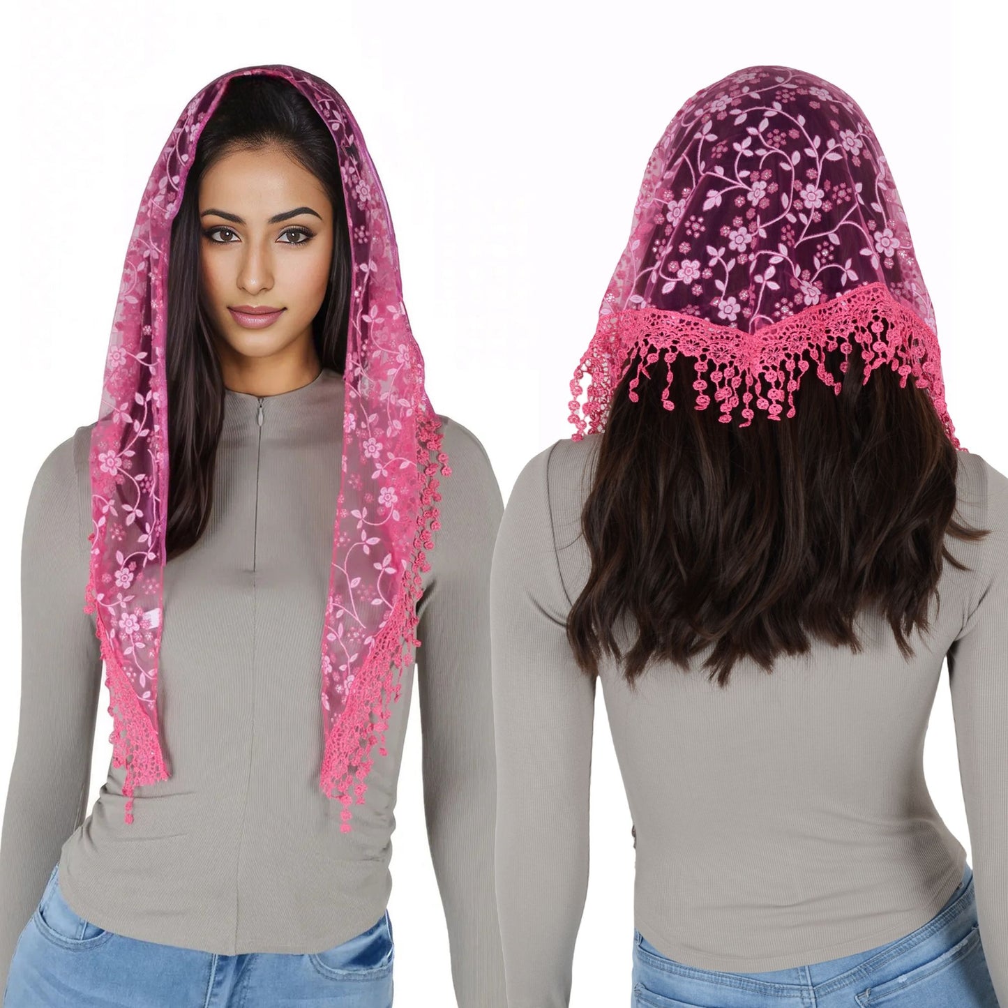 Anna-Kaci Lightweight Lace Floral Head Scarf Fringe Triangular Shawl Scarf Wrap Bandana for Women