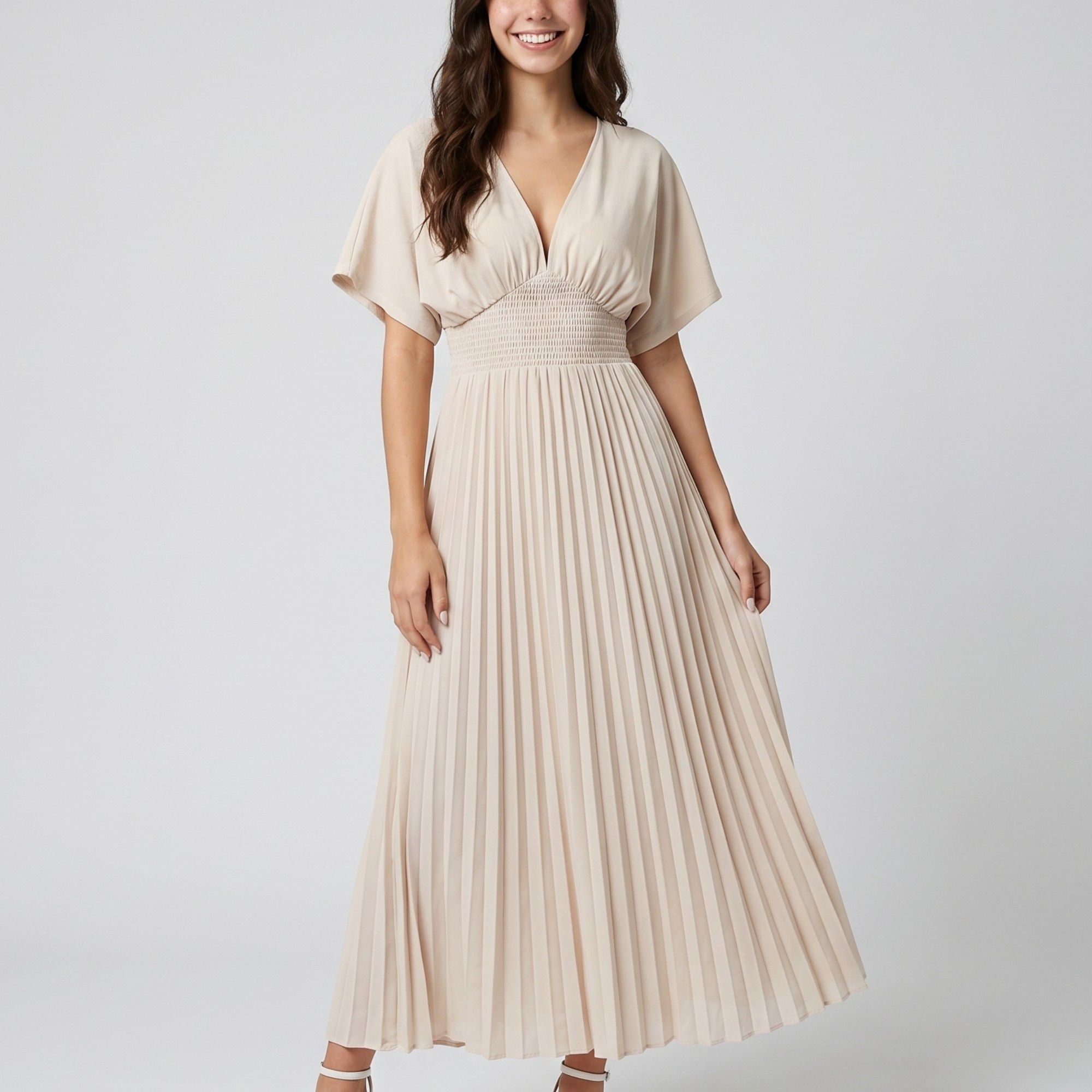 a line pleated maxi dress with V-Neckline Sleeves elevating the dress from baroque backless sequin mini dress Color:LIGHT PINK