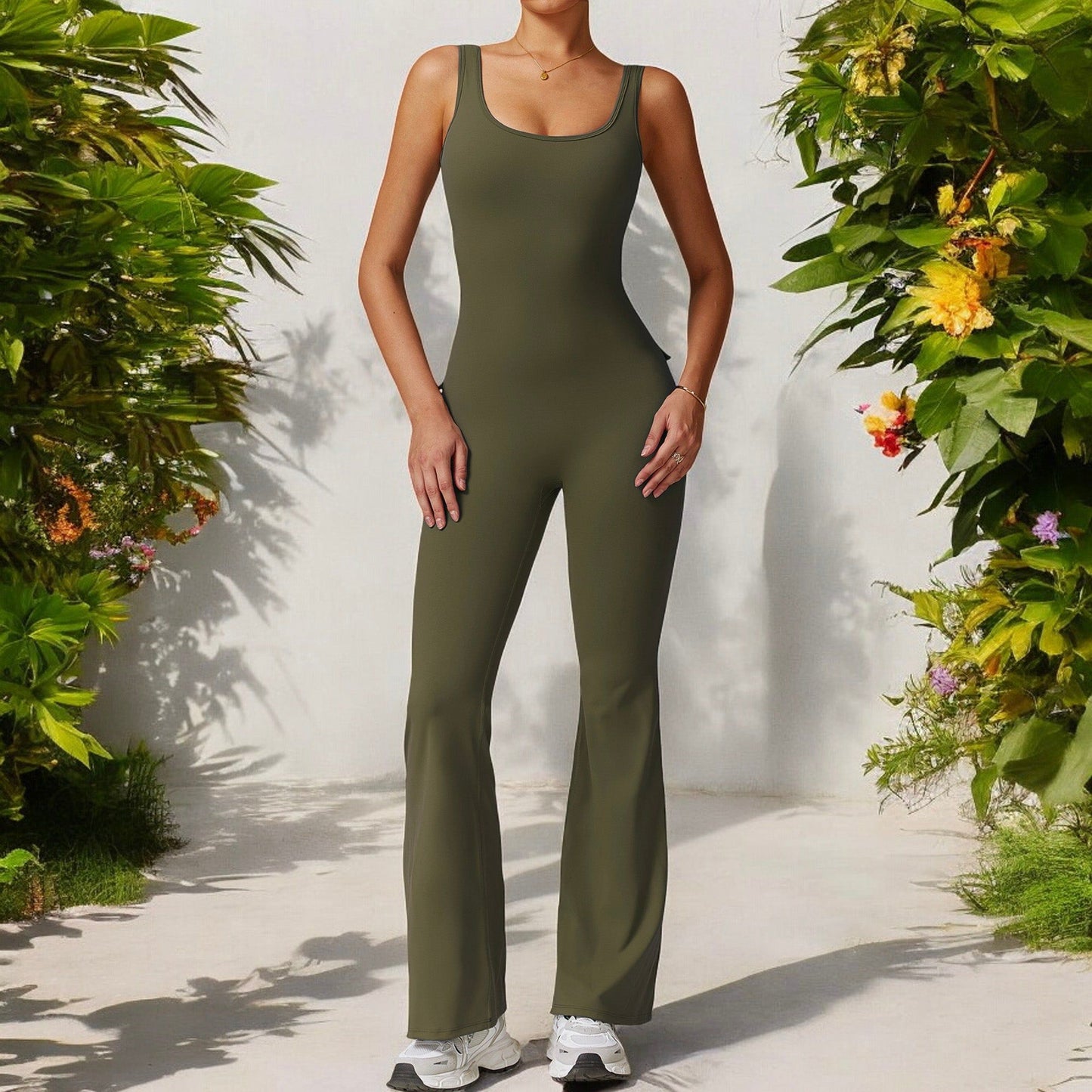 Seamless Flared Bodysuit with Scoop Neck for Activewear