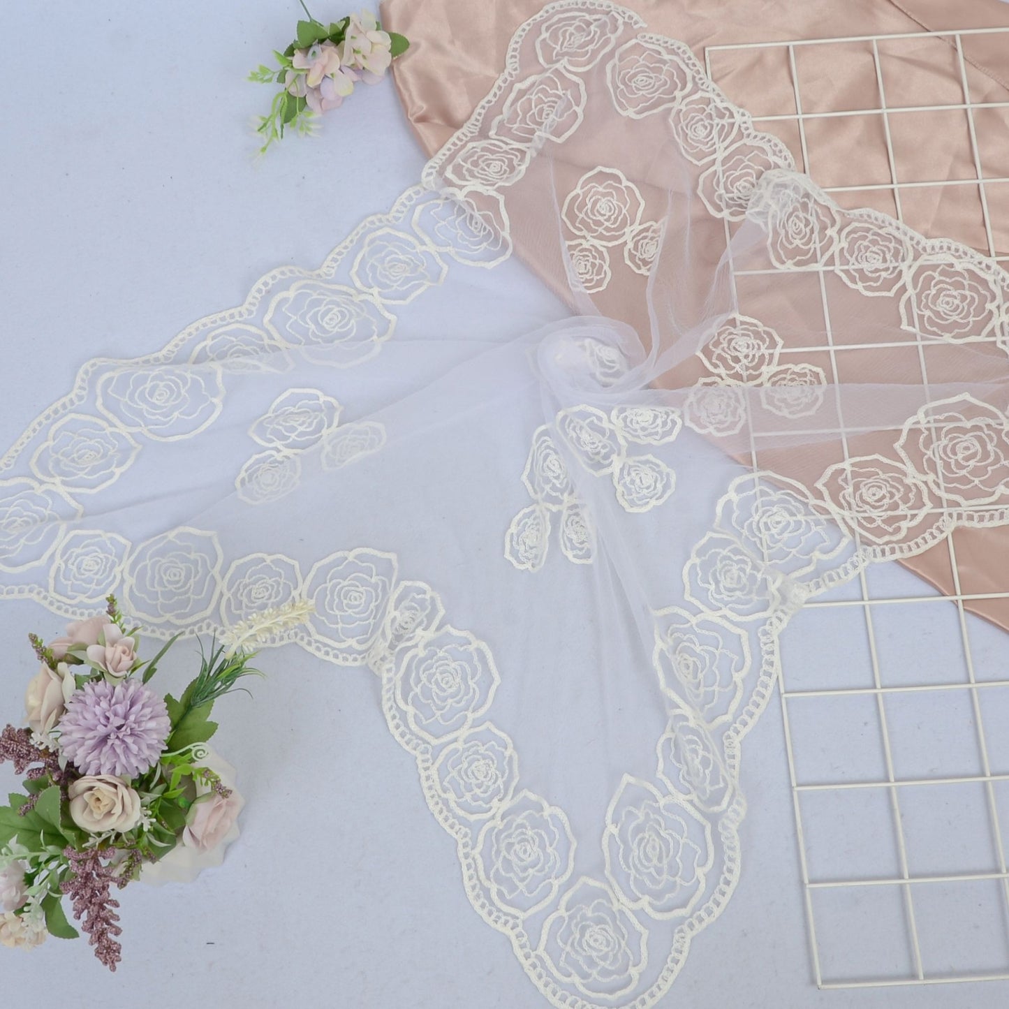 Anna-Kaci Women's Sheer Lace Neck Scarf with Embroidered Rose Floral Edging and Scalloped Trim Detail