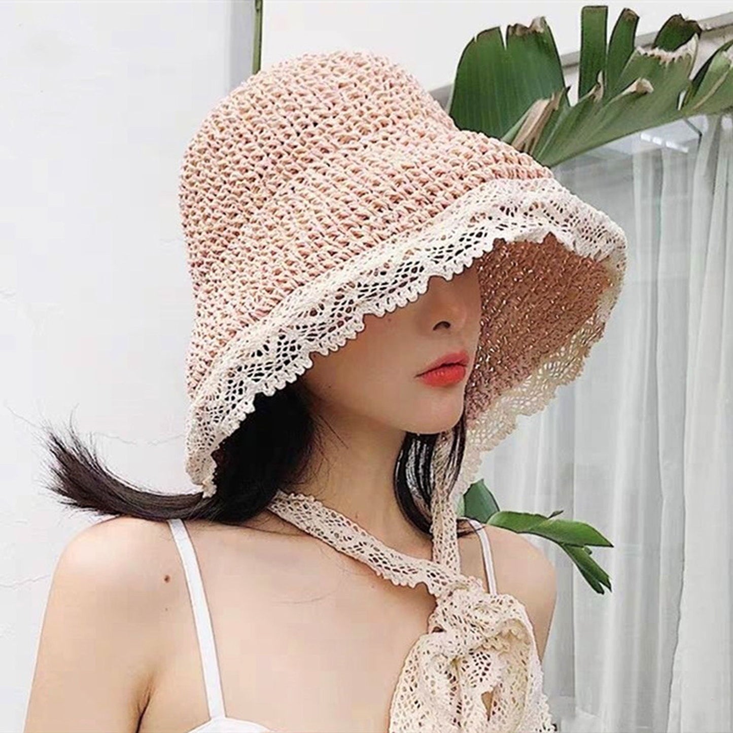 Anna-Kaci Women's Crochet Straw Hat with Lace Trim and Bow Detail