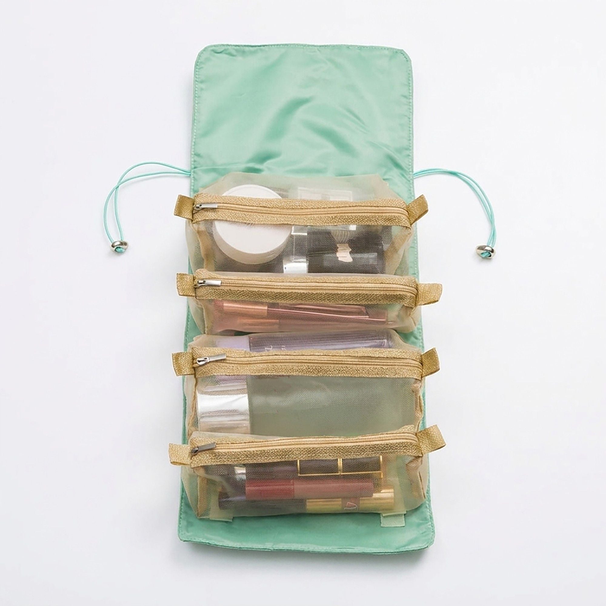Hanging Travel Toiletry Bag with Clear Zipper Compartments and Roll-Up Organizer Design, Green