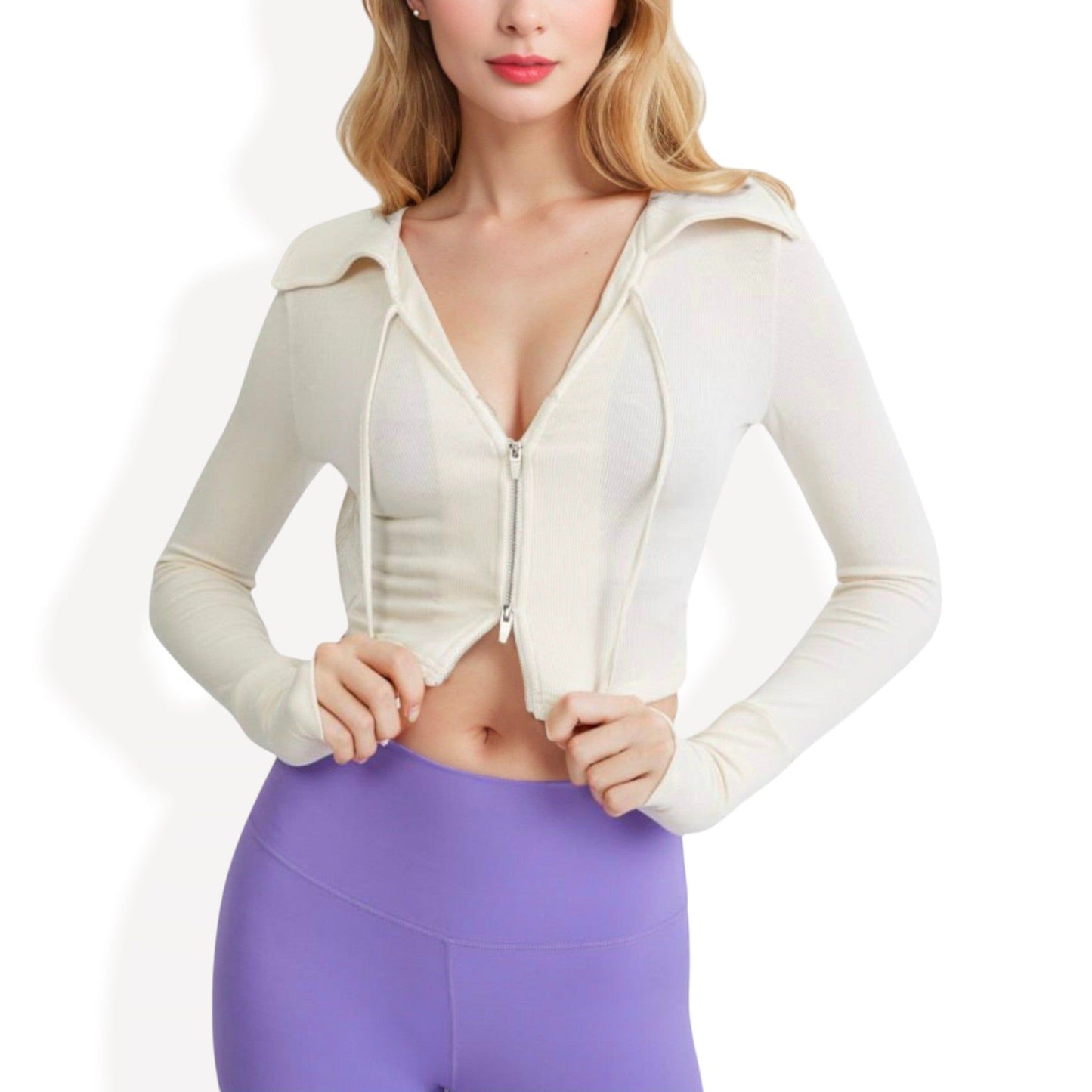 Zip Front Cropped Hoodie with Long Sleeves and Thumb Holes
