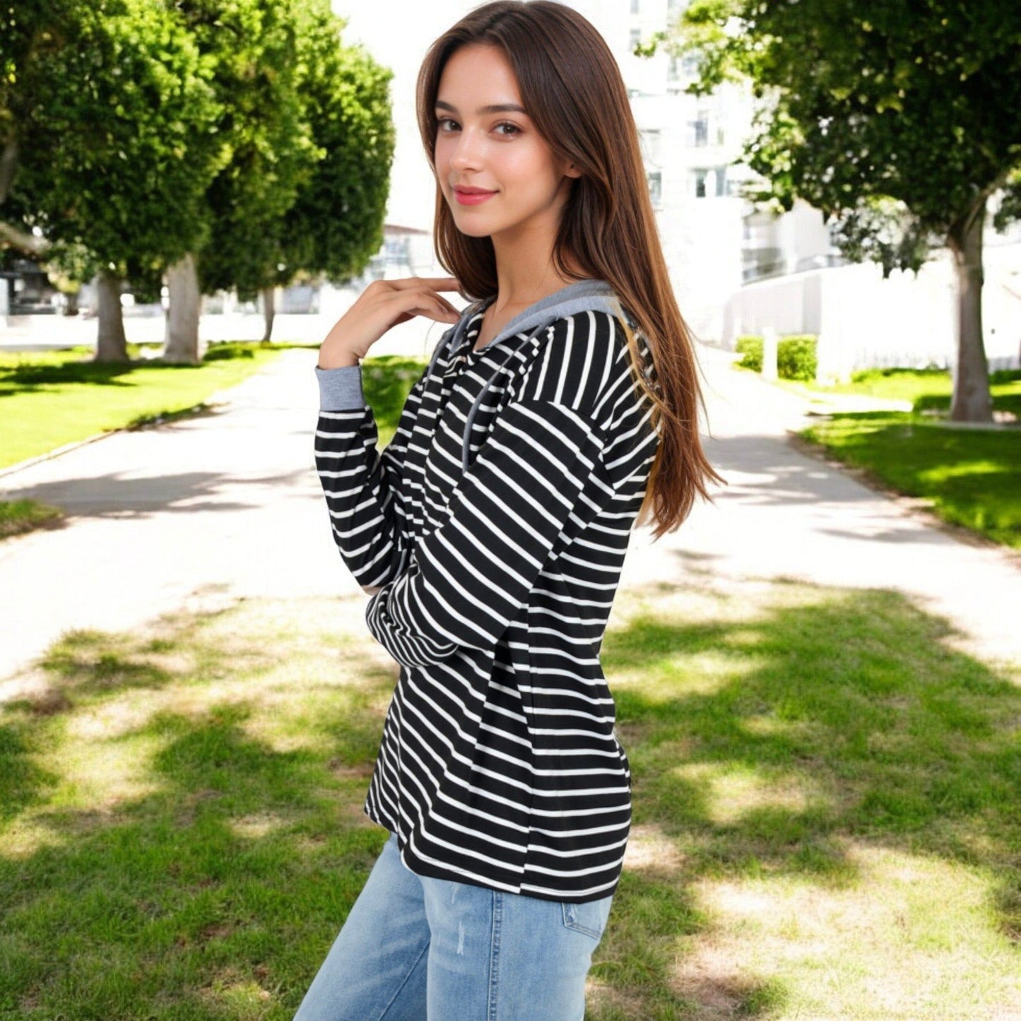 Striped Long Sleeve Hoodie with Button Placket and Contrast Cuffs